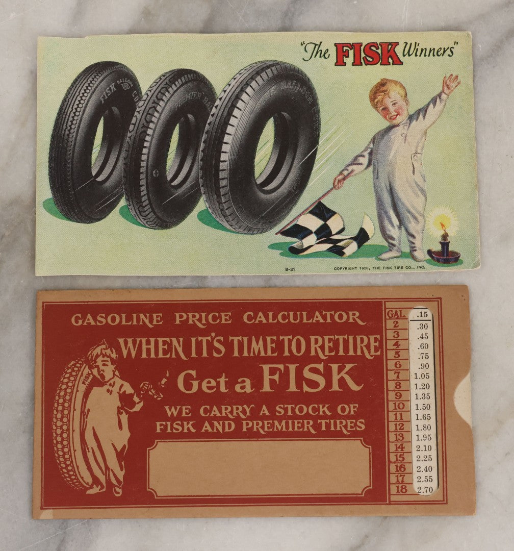 Lot 098 - Two Piece Vintage Ephemera Grouping Advertising The Fisk Tire Co., Inc., Including "The Fisk Winners" Blotter, Copyright 1928, And Foldered Gasoline Price Calculator, Copyright 1926
