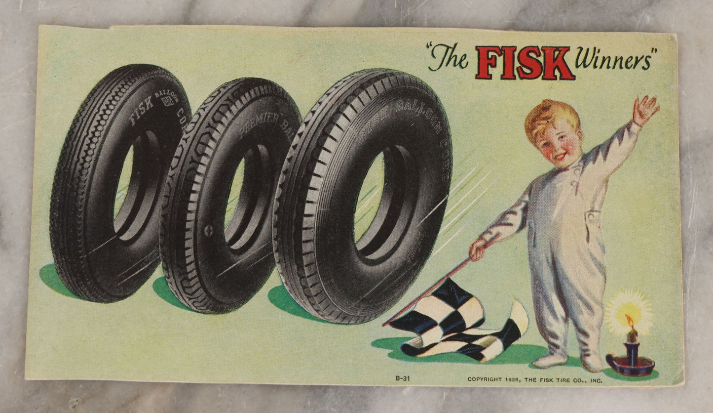 Lot 098 - Two Piece Vintage Ephemera Grouping Advertising The Fisk Tire Co., Inc., Including "The Fisk Winners" Blotter, Copyright 1928, And Foldered Gasoline Price Calculator, Copyright 1926
