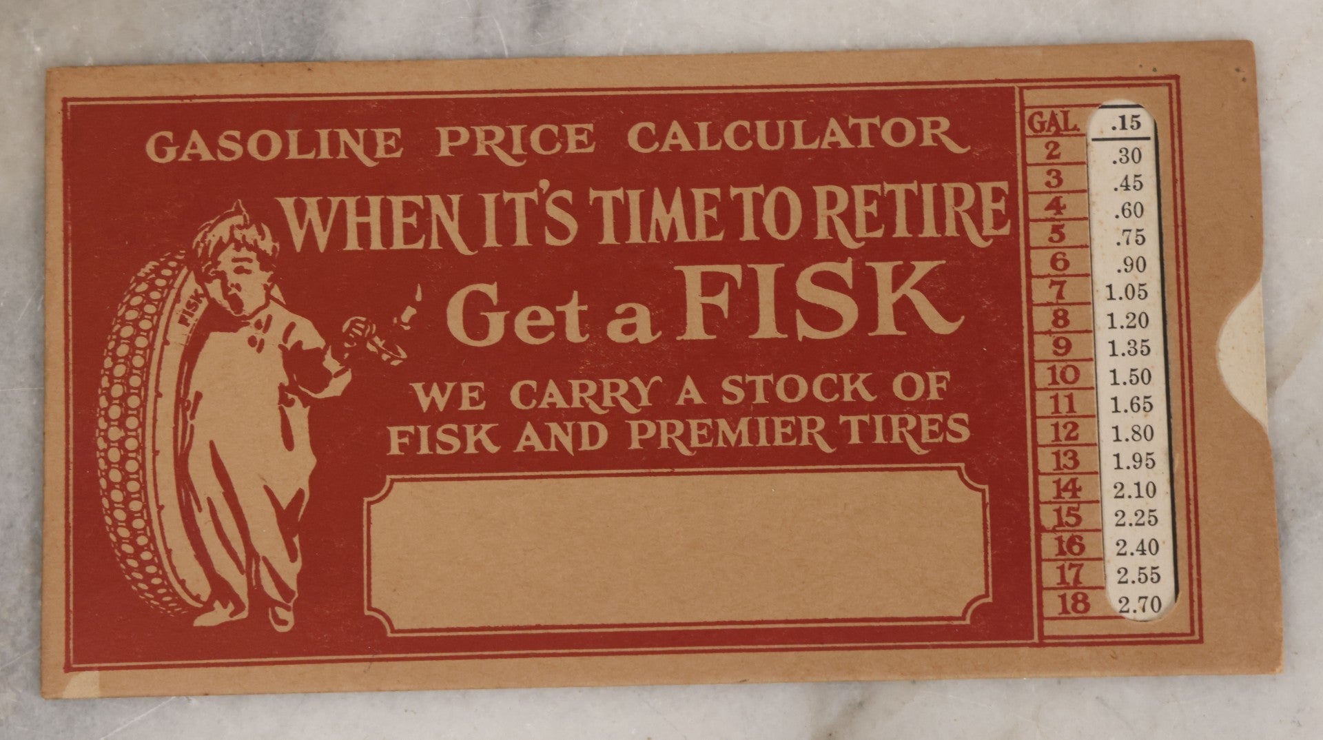 Lot 098 - Two Piece Vintage Ephemera Grouping Advertising The Fisk Tire Co., Inc., Including "The Fisk Winners" Blotter, Copyright 1928, And Foldered Gasoline Price Calculator, Copyright 1926