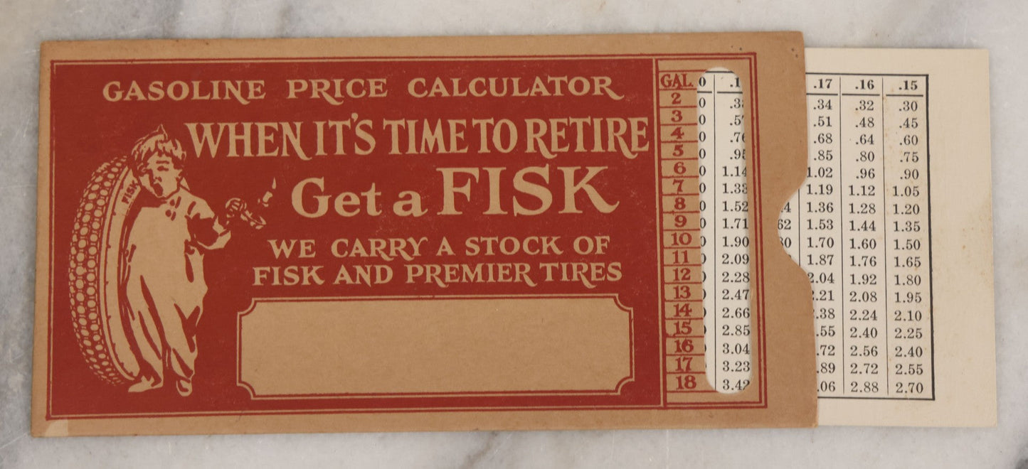 Lot 098 - Two Piece Vintage Ephemera Grouping Advertising The Fisk Tire Co., Inc., Including "The Fisk Winners" Blotter, Copyright 1928, And Foldered Gasoline Price Calculator, Copyright 1926