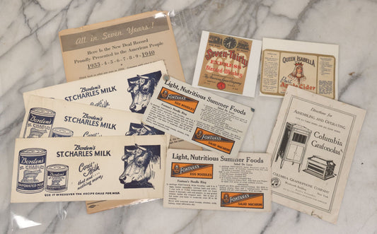 Lot 099 - Vintage Grouping Of Eight Pieces Of Advertising Ephemera Including Blotters For Fontana's Egg Noodles And Borden's Milk, Labels For Queen Isabella Pure Apple Cider, And Seven-Thirty Blended Whiskey, And More