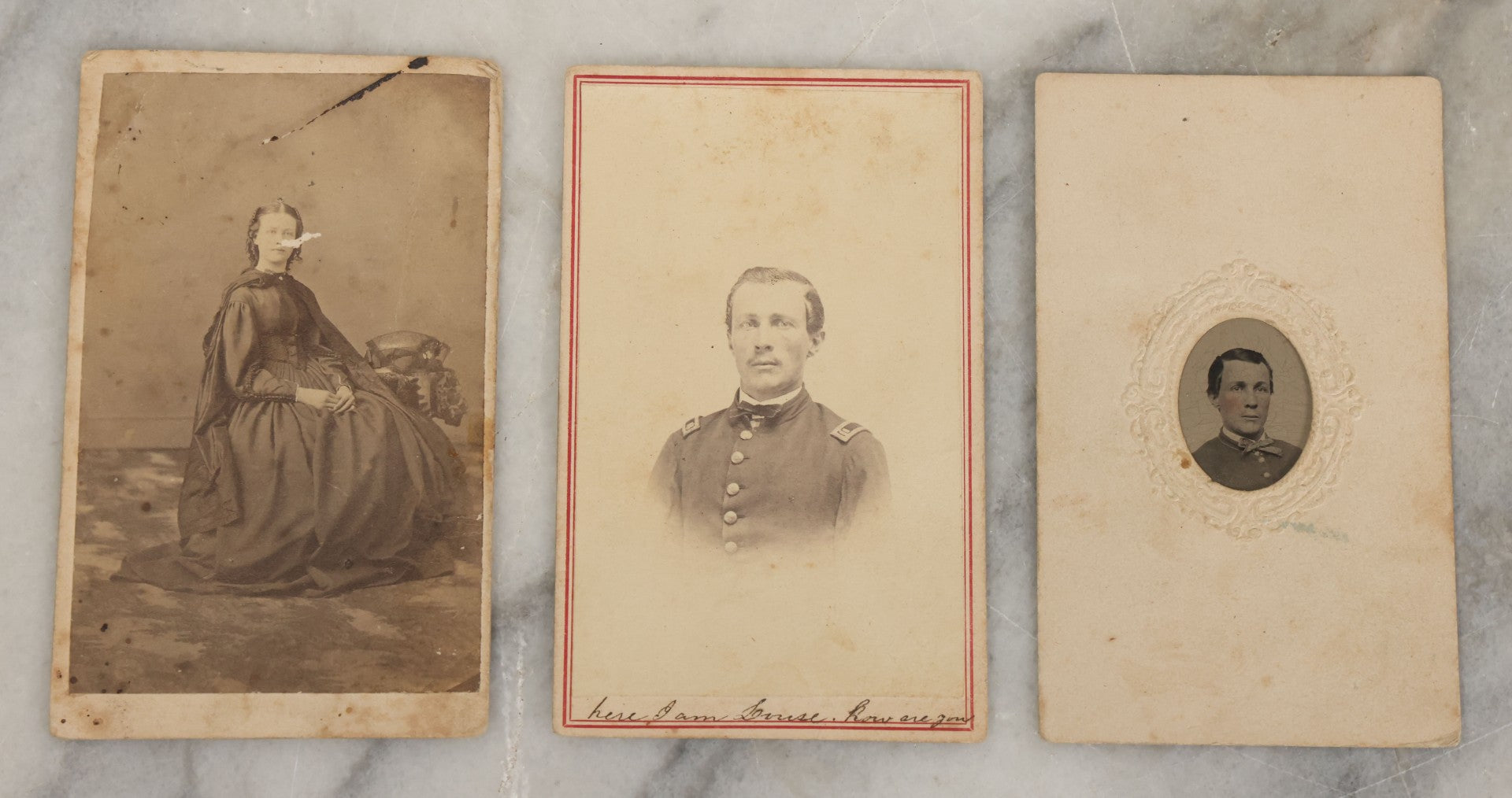 Lot 001 - Grouping Of Three Antique Photographs Including Tintype And Carte De Visite Of Civil War Union Soldier Joseph Rylands, 121st Regiment, Pennsylvania Infantry, Company B, And C.D.V. Of Wife Claire, With His Signature And Period Tax Stamps