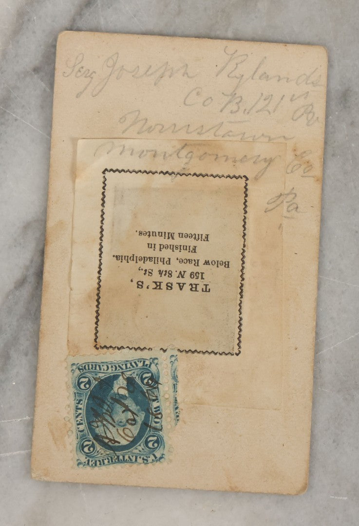 Lot 001 - Grouping Of Three Antique Photographs Including Tintype And Carte De Visite Of Civil War Union Soldier Joseph Rylands, 121st Regiment, Pennsylvania Infantry, Company B, And C.D.V. Of Wife Claire, With His Signature And Period Tax Stamps