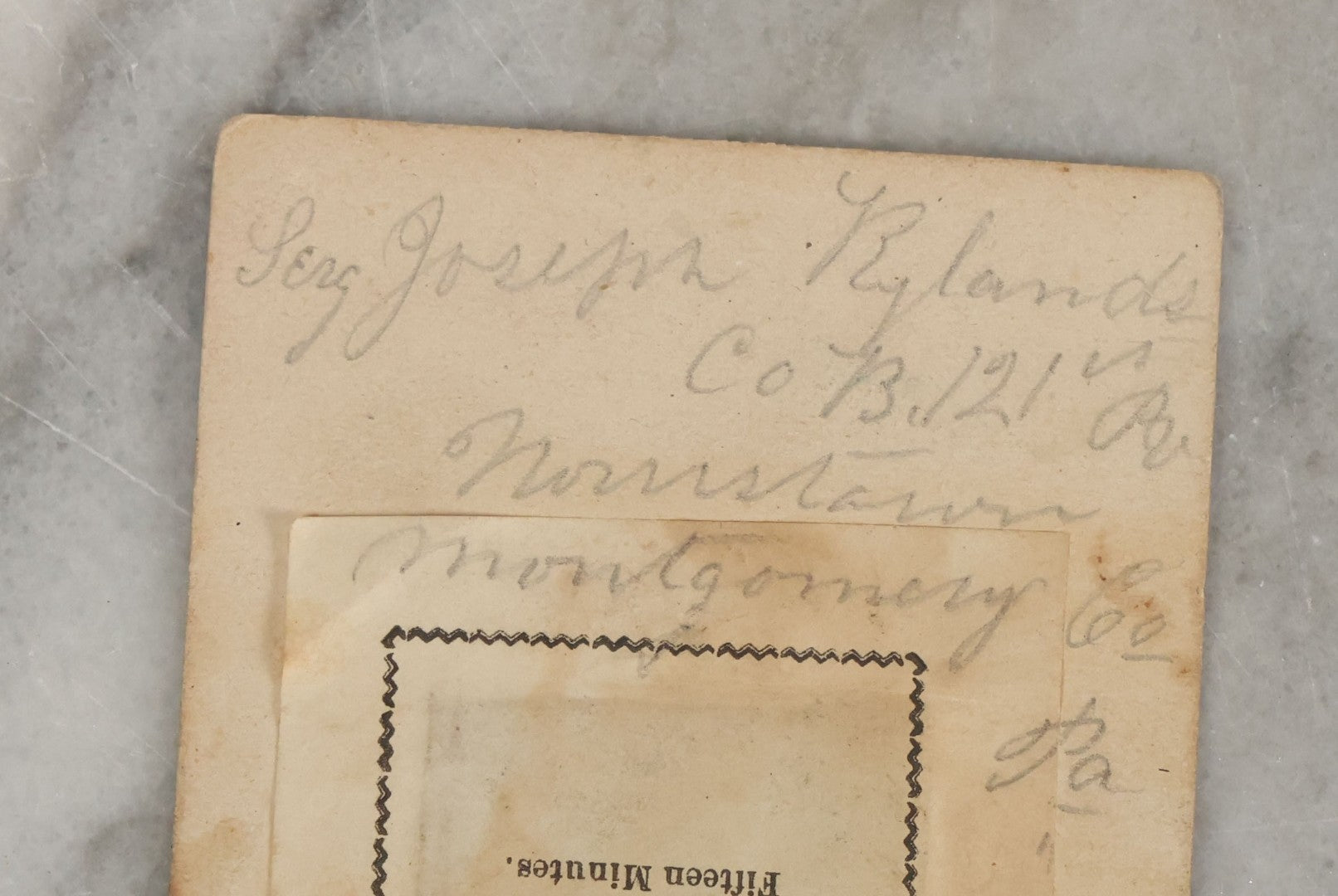 Lot 001 - Grouping Of Three Antique Photographs Including Tintype And Carte De Visite Of Civil War Union Soldier Joseph Rylands, 121st Regiment, Pennsylvania Infantry, Company B, And C.D.V. Of Wife Claire, With His Signature And Period Tax Stamps