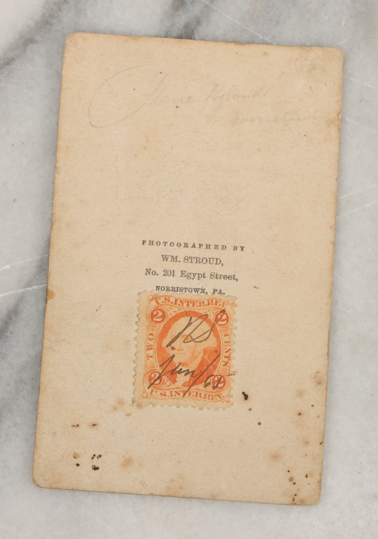 Lot 001 - Grouping Of Three Antique Photographs Including Tintype And Carte De Visite Of Civil War Union Soldier Joseph Rylands, 121st Regiment, Pennsylvania Infantry, Company B, And C.D.V. Of Wife Claire, With His Signature And Period Tax Stamps