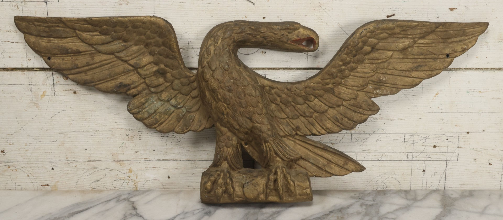 Lot 002 - Antique Painted Cast Iron Patriotic Americana Eagle With Gold And Red Paint, Eagle Perched On Branch, Three Mounting Holes, Wingspan 30-1/2"