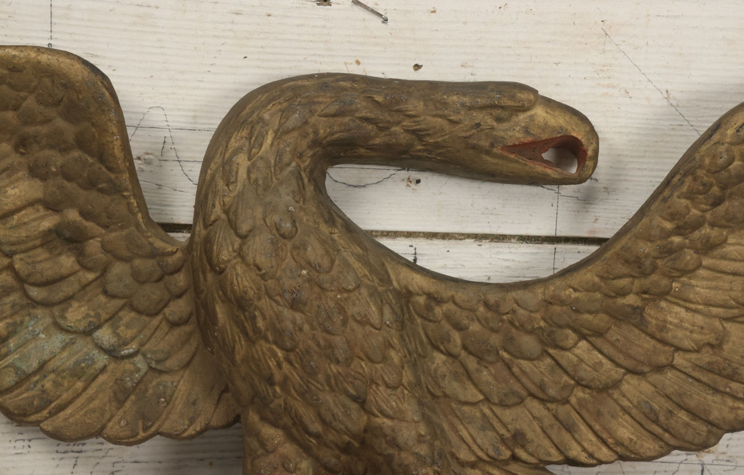 Lot 002 - Antique Painted Cast Iron Patriotic Americana Eagle With Gold And Red Paint, Eagle Perched On Branch, Three Mounting Holes, Wingspan 30-1/2"