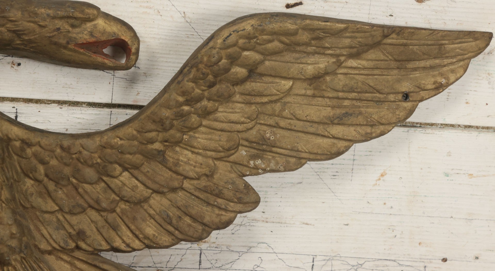 Lot 002 - Antique Painted Cast Iron Patriotic Americana Eagle With Gold And Red Paint, Eagle Perched On Branch, Three Mounting Holes, Wingspan 30-1/2"