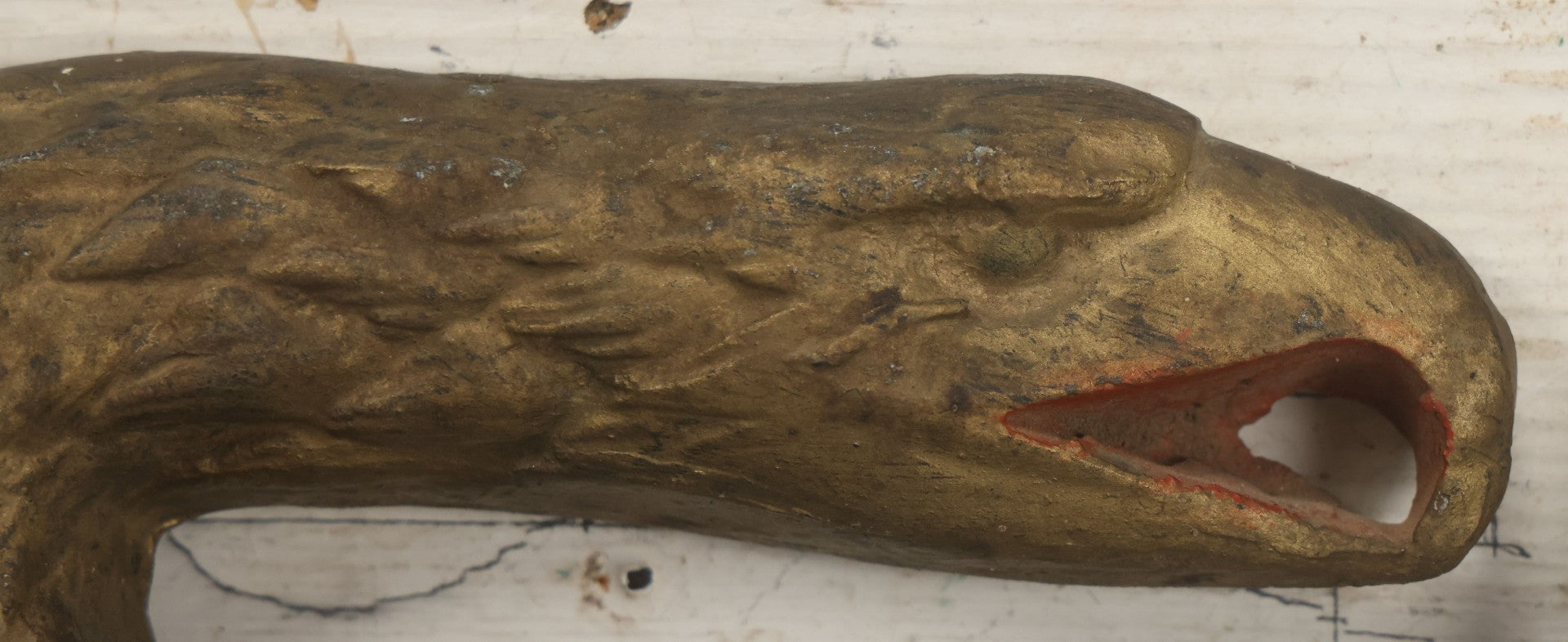 Lot 002 - Antique Painted Cast Iron Patriotic Americana Eagle With Gold And Red Paint, Eagle Perched On Branch, Three Mounting Holes, Wingspan 30-1/2"