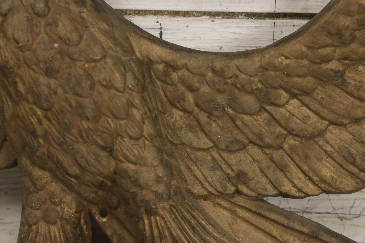 Lot 002 - Antique Painted Cast Iron Patriotic Americana Eagle With Gold And Red Paint, Eagle Perched On Branch, Three Mounting Holes, Wingspan 30-1/2"