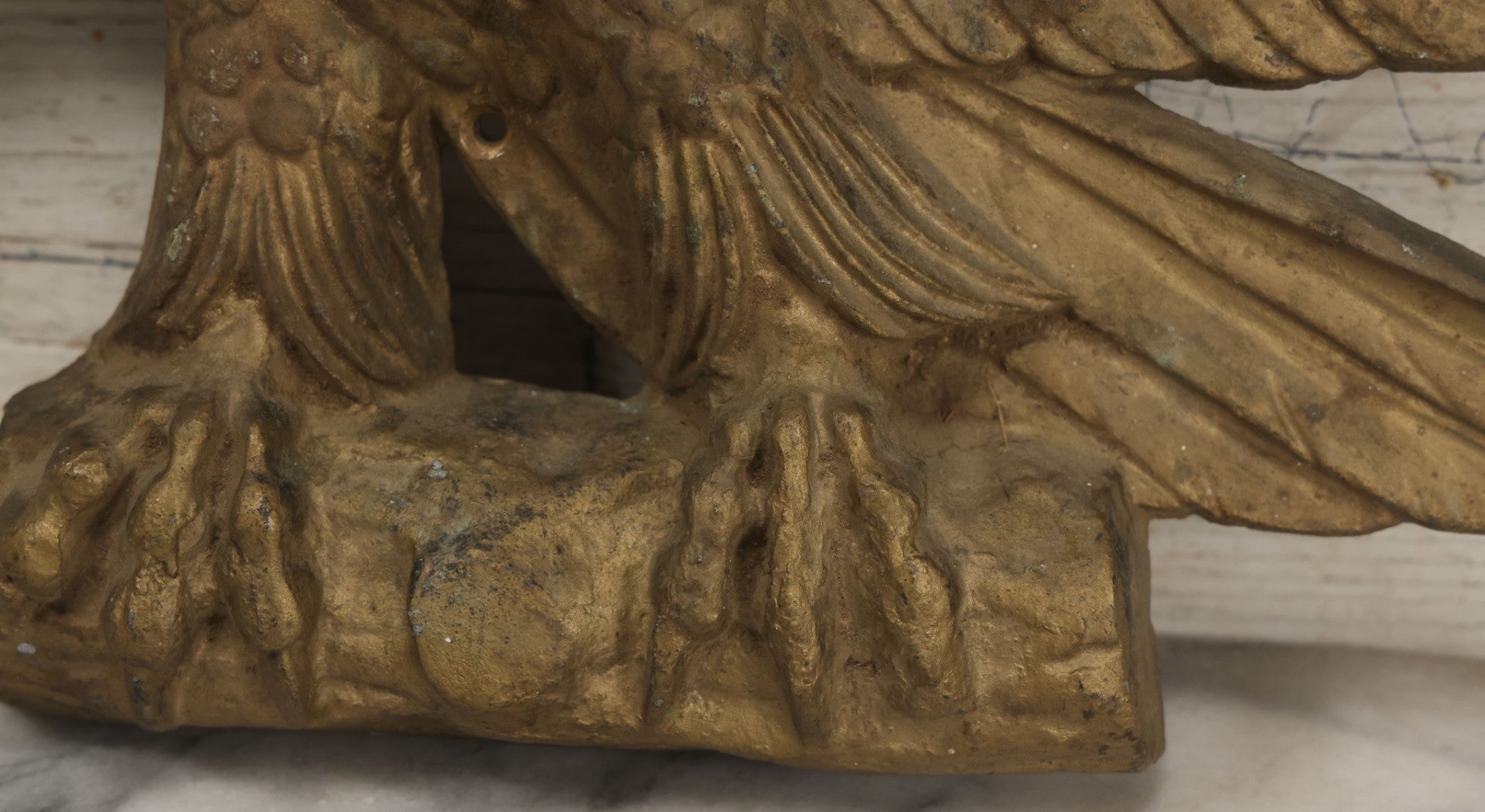 Lot 002 - Antique Painted Cast Iron Patriotic Americana Eagle With Gold And Red Paint, Eagle Perched On Branch, Three Mounting Holes, Wingspan 30-1/2"