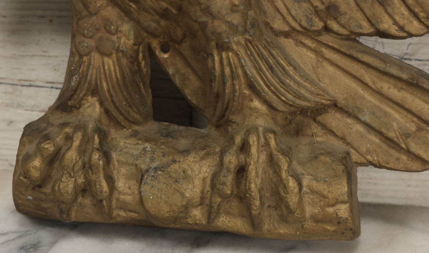 Lot 002 - Antique Painted Cast Iron Patriotic Americana Eagle With Gold And Red Paint, Eagle Perched On Branch, Three Mounting Holes, Wingspan 30-1/2"