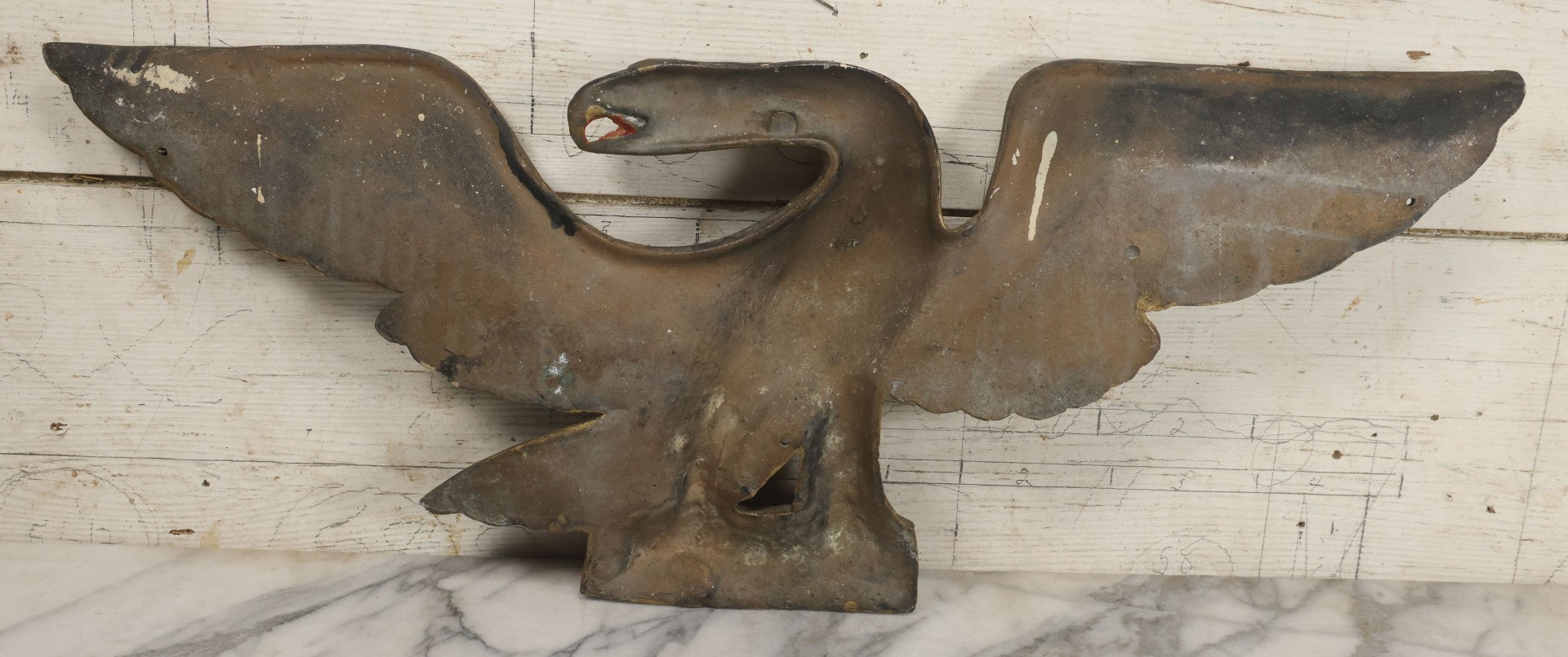 Lot 002 - Antique Painted Cast Iron Patriotic Americana Eagle With Gold And Red Paint, Eagle Perched On Branch, Three Mounting Holes, Wingspan 30-1/2"