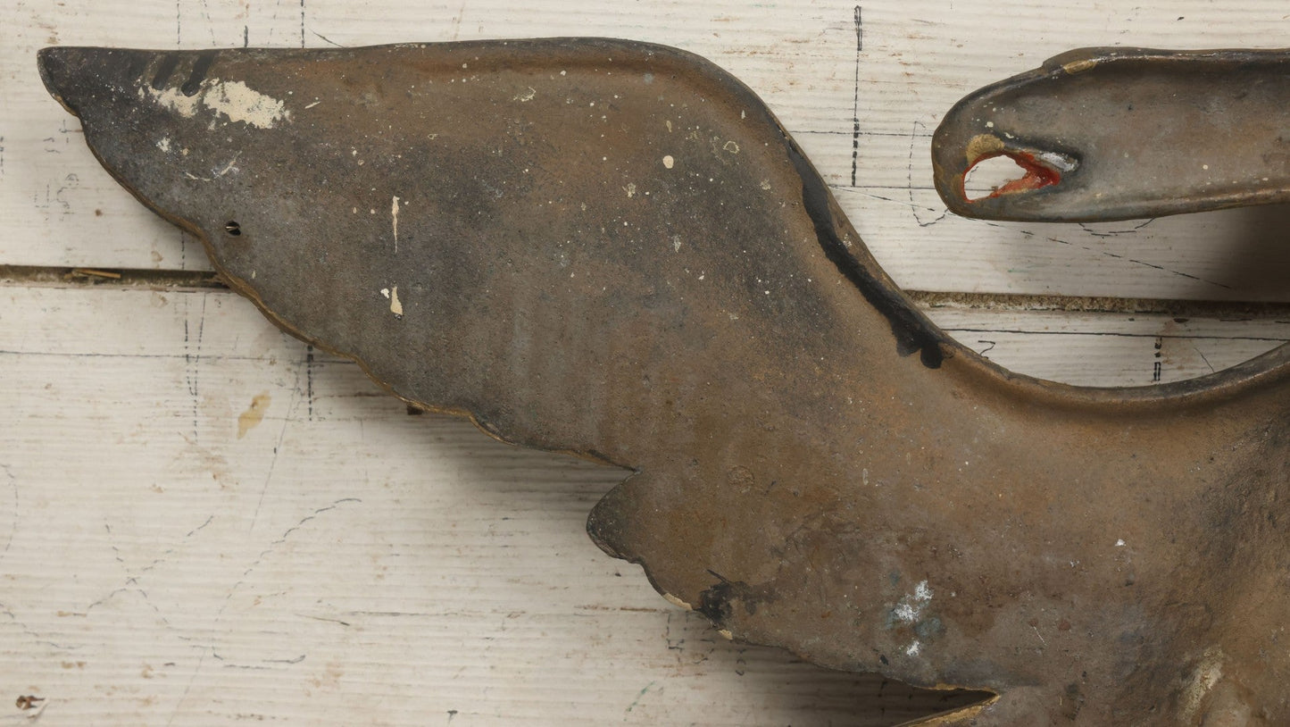 Lot 002 - Antique Painted Cast Iron Patriotic Americana Eagle With Gold And Red Paint, Eagle Perched On Branch, Three Mounting Holes, Wingspan 30-1/2"