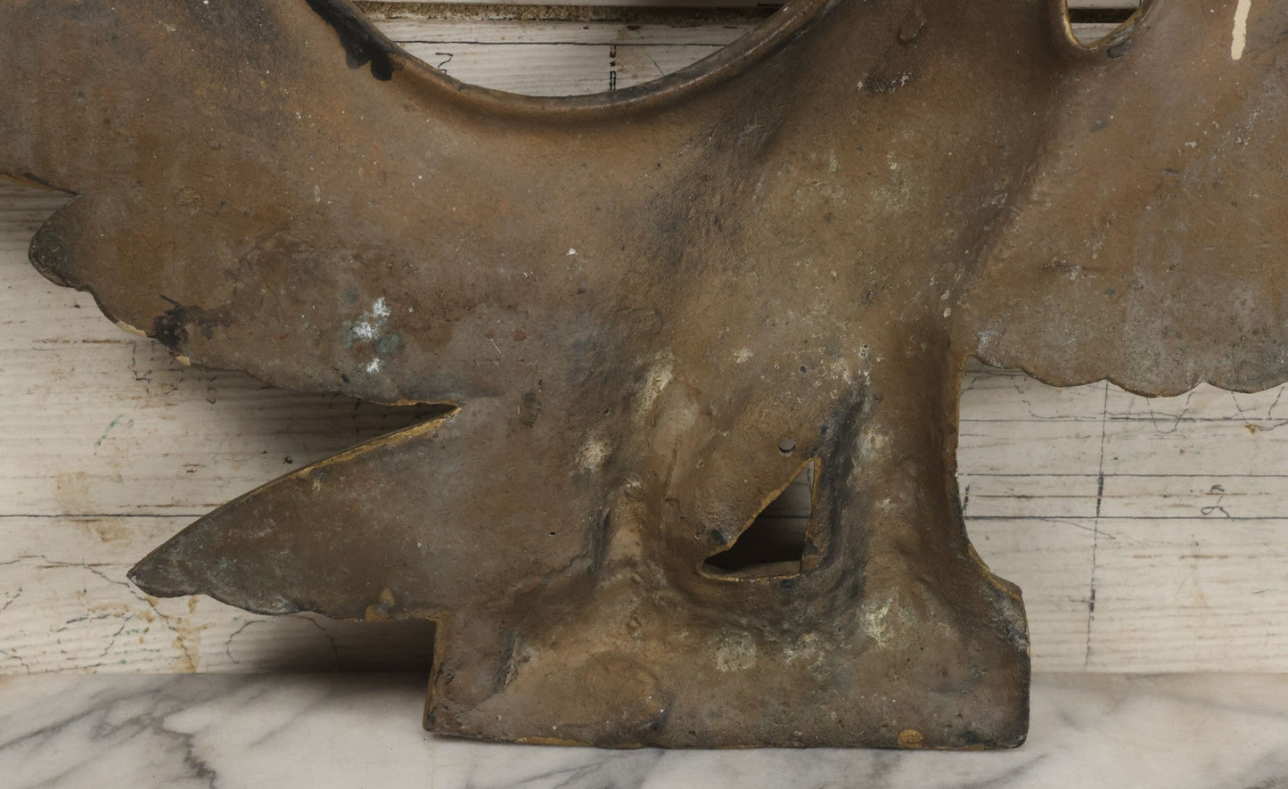 Lot 002 - Antique Painted Cast Iron Patriotic Americana Eagle With Gold And Red Paint, Eagle Perched On Branch, Three Mounting Holes, Wingspan 30-1/2"