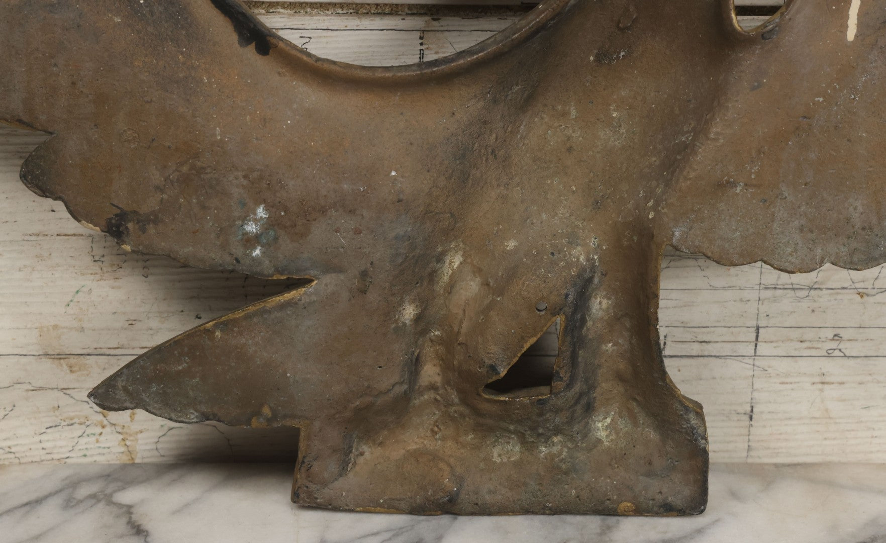 Lot 002 - Antique Painted Cast Iron Patriotic Americana Eagle With Gold And Red Paint, Eagle Perched On Branch, Three Mounting Holes, Wingspan 30-1/2"