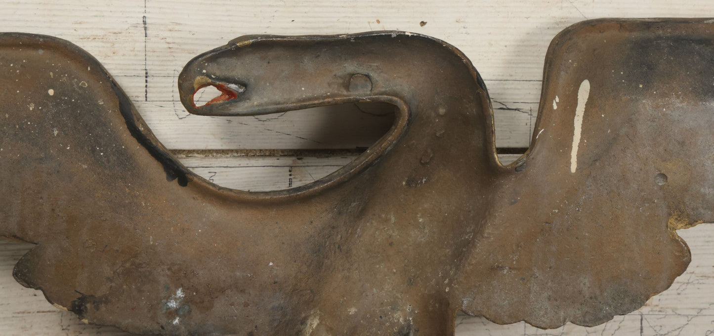 Lot 002 - Antique Painted Cast Iron Patriotic Americana Eagle With Gold And Red Paint, Eagle Perched On Branch, Three Mounting Holes, Wingspan 30-1/2"