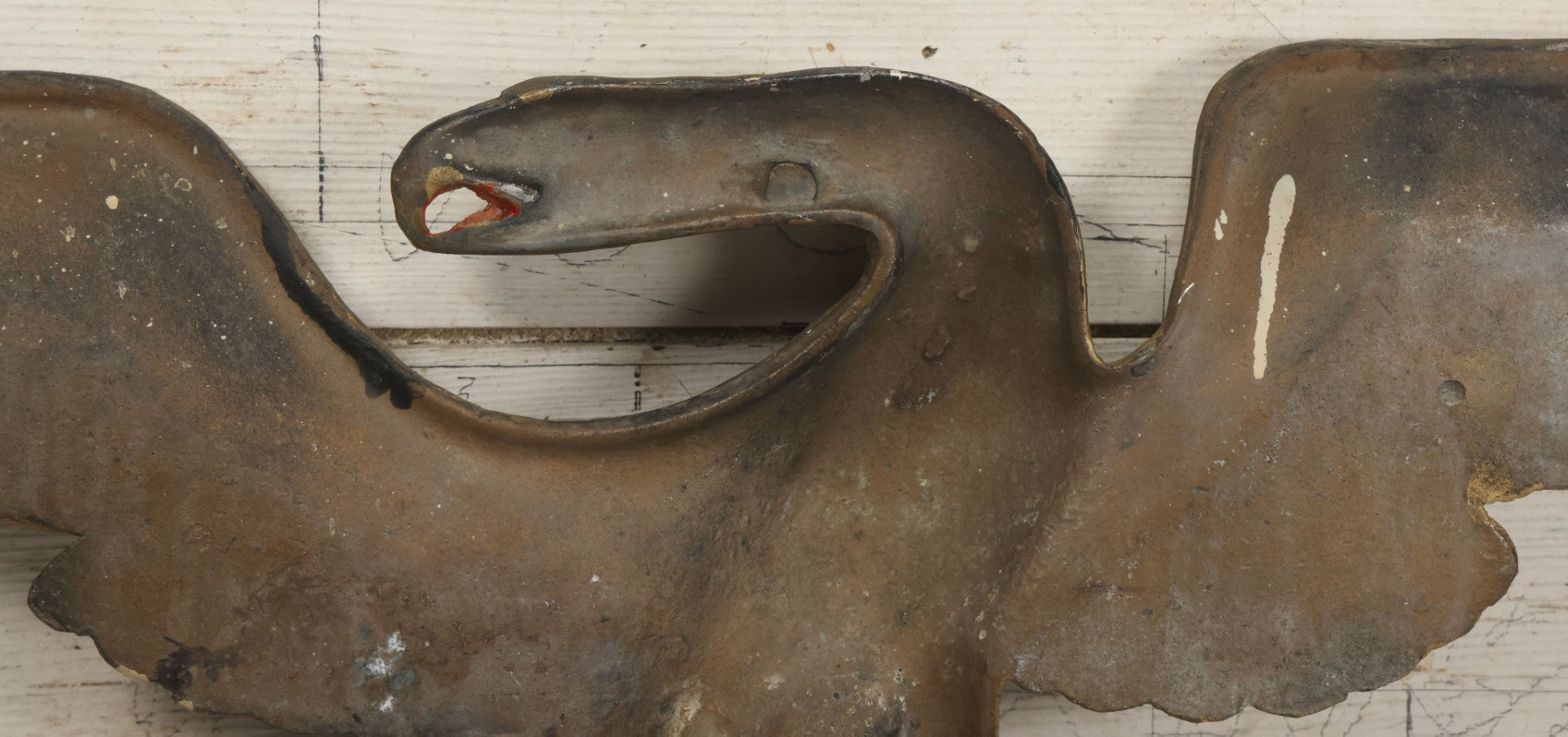 Lot 002 - Antique Painted Cast Iron Patriotic Americana Eagle With Gold And Red Paint, Eagle Perched On Branch, Three Mounting Holes, Wingspan 30-1/2"