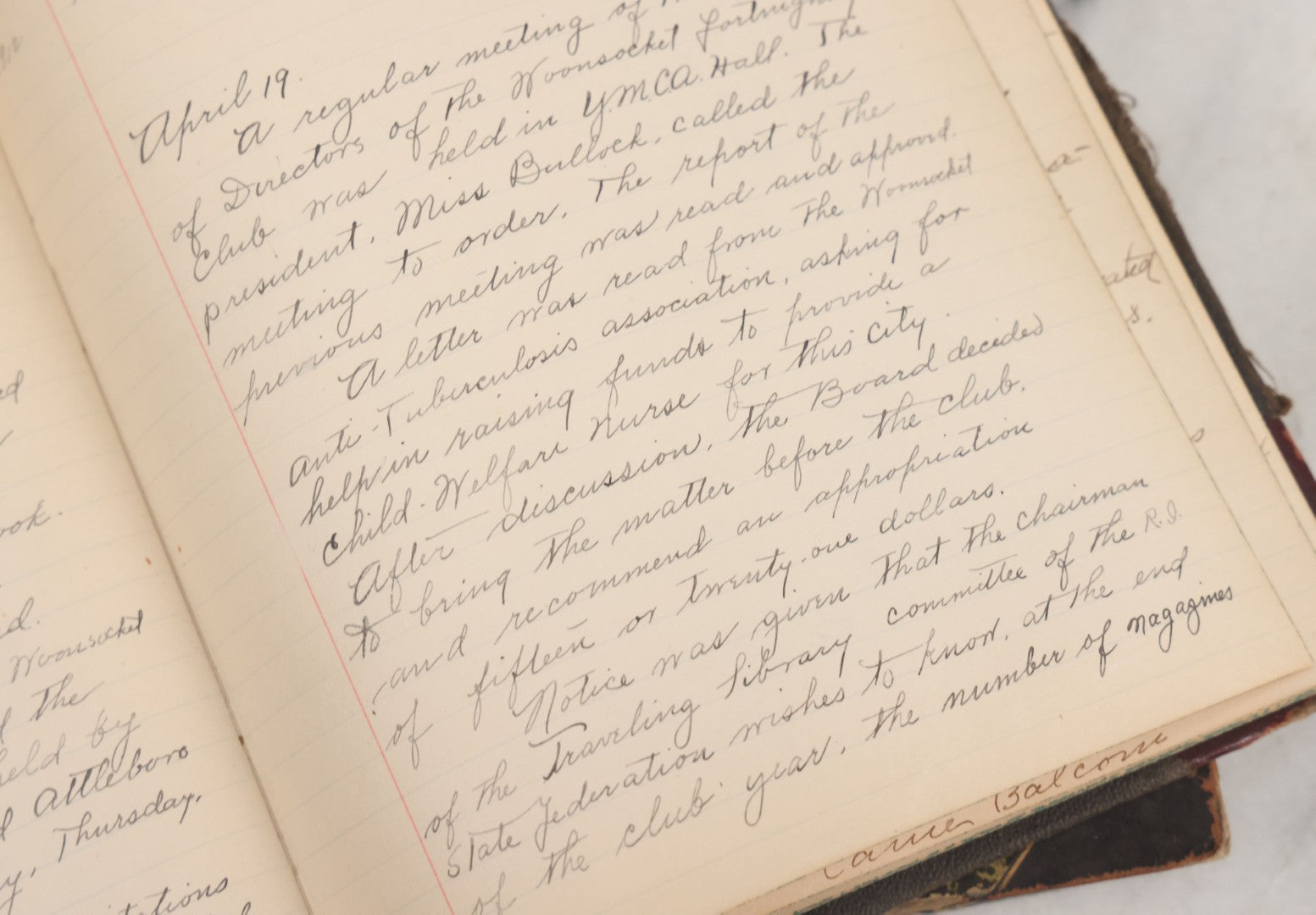 Lot 003 - Antique Archival Grouping Of Six Volumes Of Handwritten Minutes And Notes Regarding The Woonsocket Fortnightly Club, Educated Women's Social Club, Woonsocket, Rhode Island, Beginning In 1889