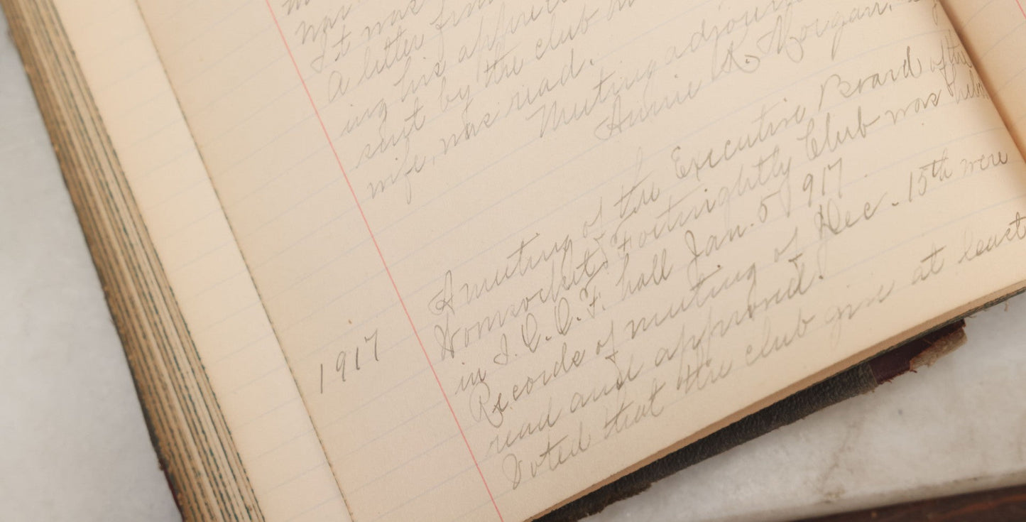 Lot 003 - Antique Archival Grouping Of Six Volumes Of Handwritten Minutes And Notes Regarding The Woonsocket Fortnightly Club, Educated Women's Social Club, Woonsocket, Rhode Island, Beginning In 1889