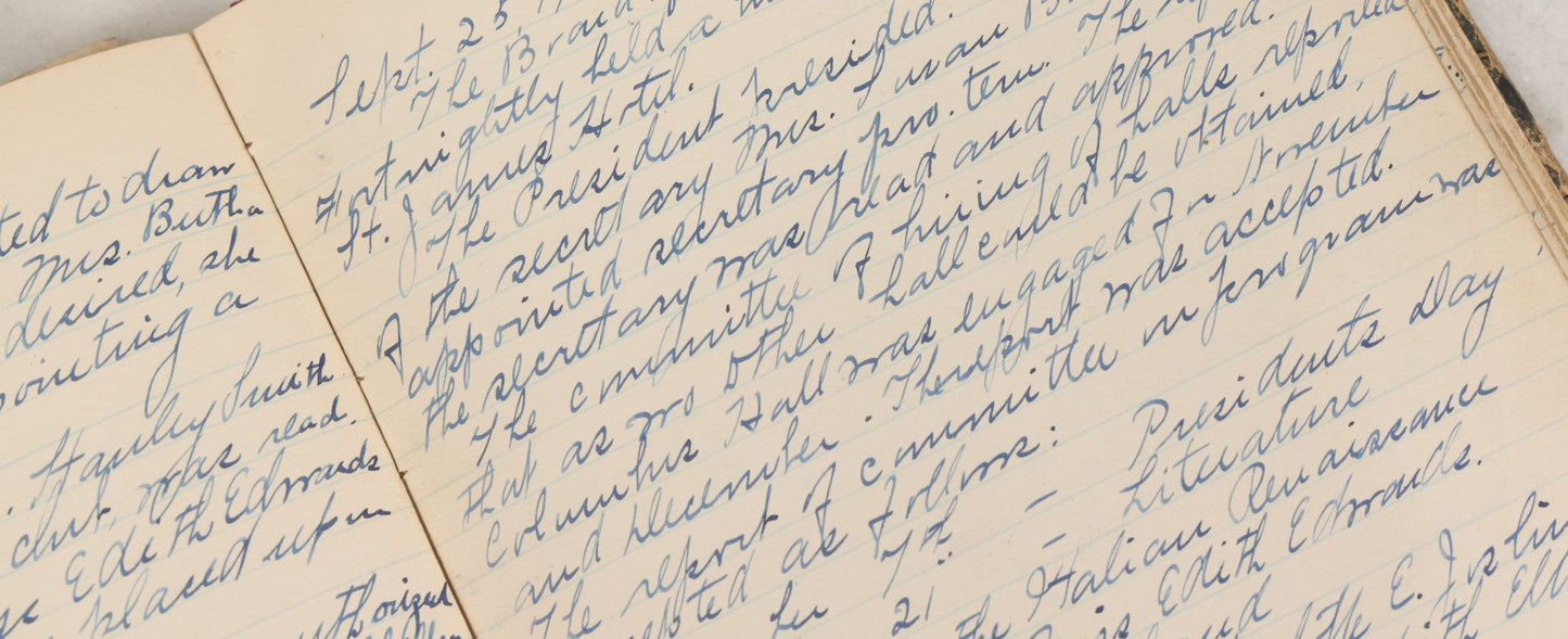 Lot 003 - Antique Archival Grouping Of Six Volumes Of Handwritten Minutes And Notes Regarding The Woonsocket Fortnightly Club, Educated Women's Social Club, Woonsocket, Rhode Island, Beginning In 1889