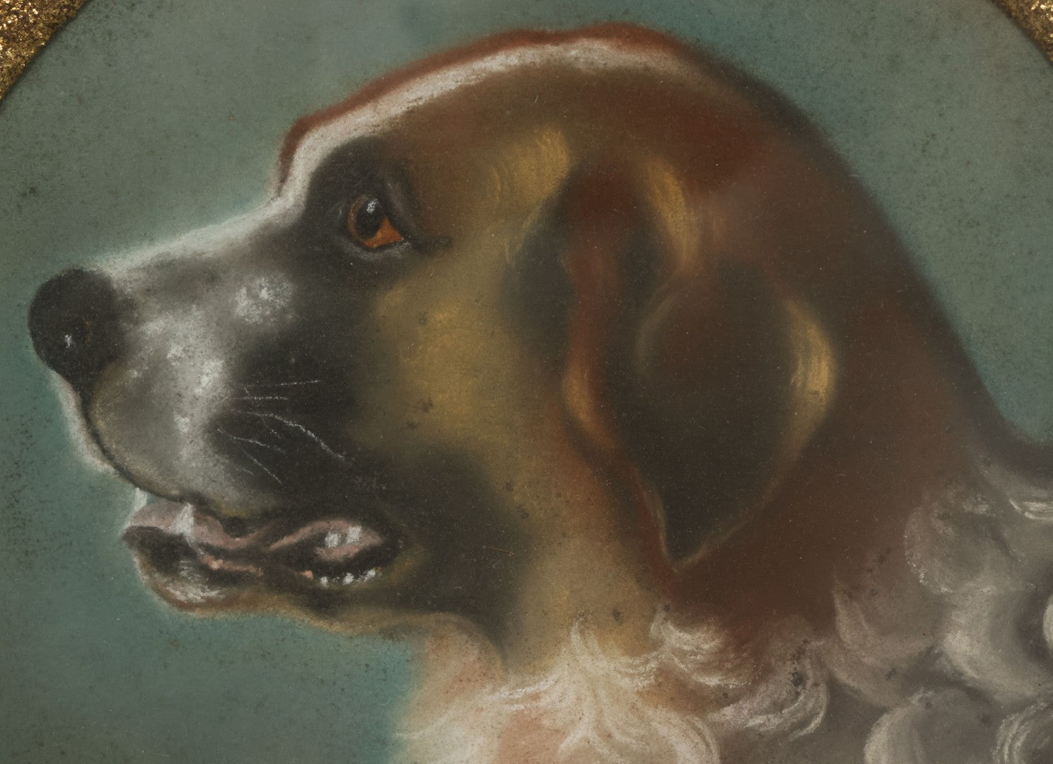 Lot 004 - Antique Late 19th Century Pastel Portrait Painting Of Saint Bernard Dog With Thick Gold Glitter Mat And Molded Gesso Frame, 18-1/2" x 18-1/2"