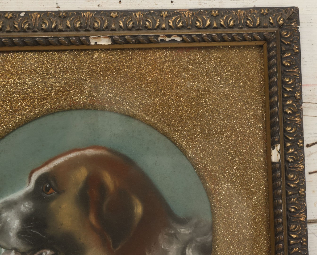 Lot 004 - Antique Late 19th Century Pastel Portrait Painting Of Saint Bernard Dog With Thick Gold Glitter Mat And Molded Gesso Frame, 18-1/2" x 18-1/2"