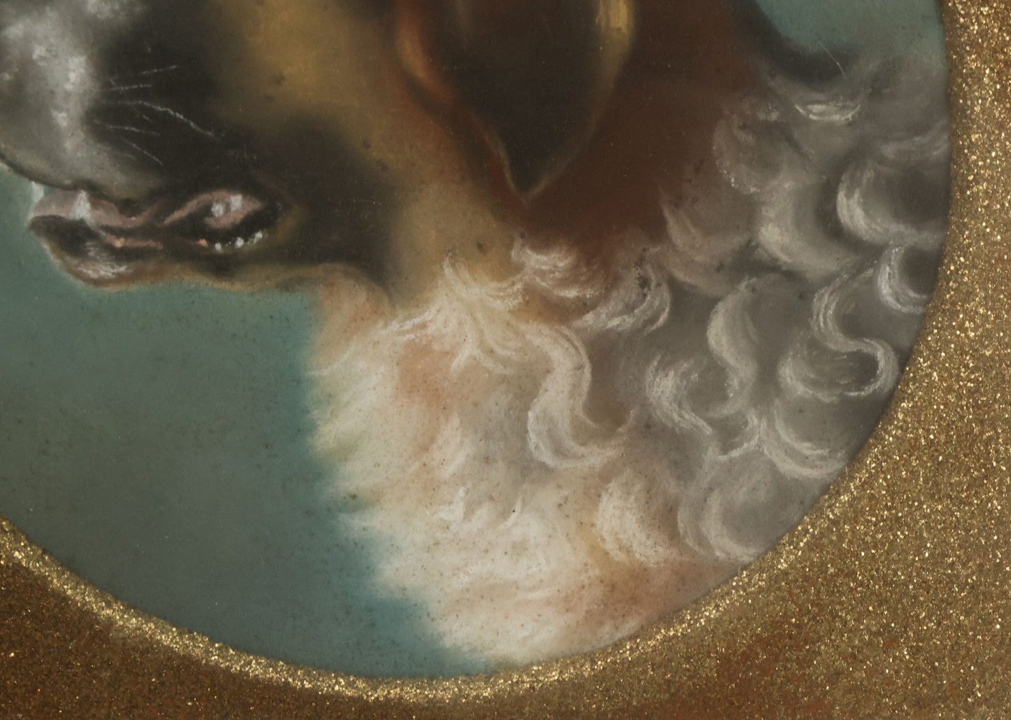 Lot 004 - Antique Late 19th Century Pastel Portrait Painting Of Saint Bernard Dog With Thick Gold Glitter Mat And Molded Gesso Frame, 18-1/2" x 18-1/2"