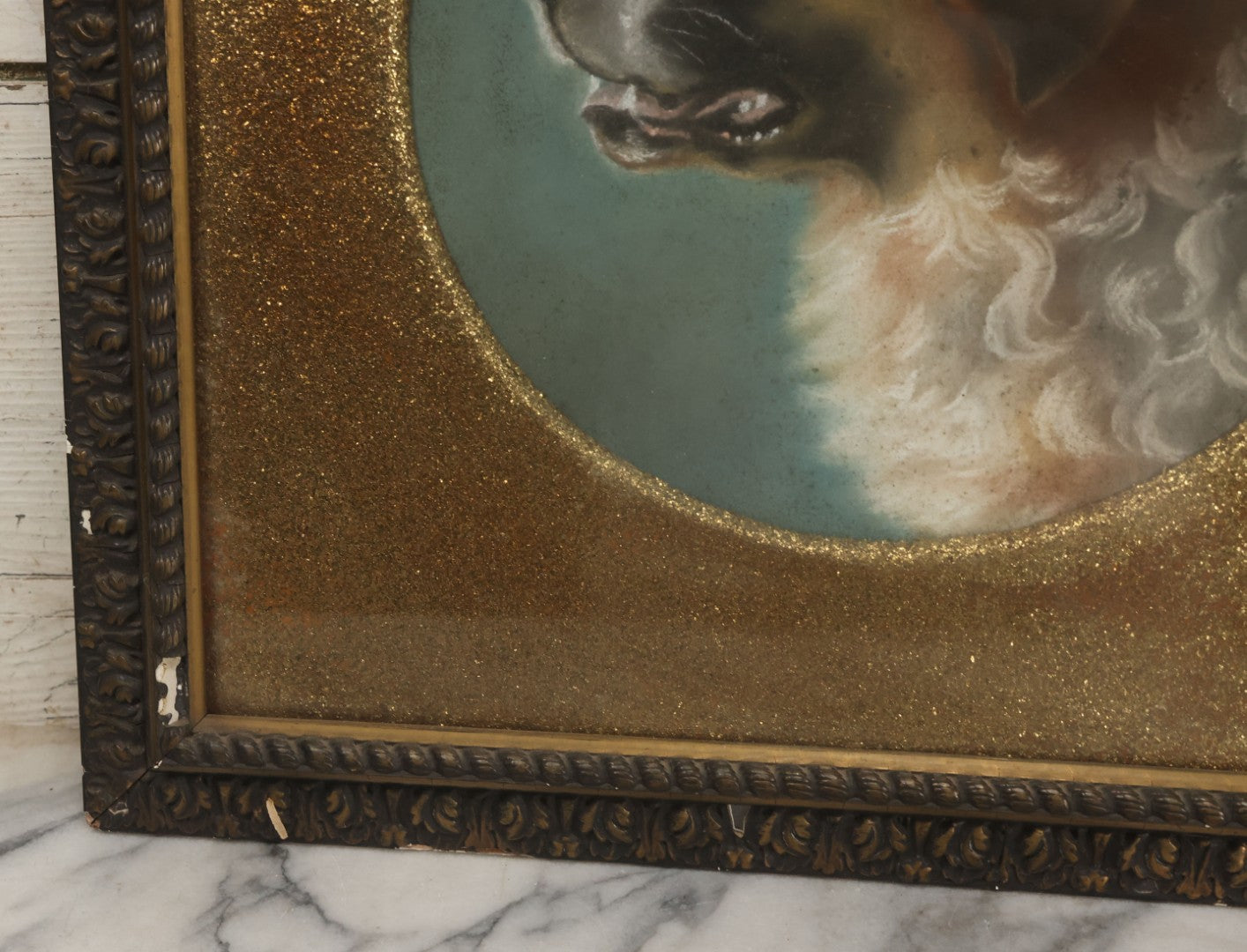 Lot 004 - Antique Late 19th Century Pastel Portrait Painting Of Saint Bernard Dog With Thick Gold Glitter Mat And Molded Gesso Frame, 18-1/2" x 18-1/2"
