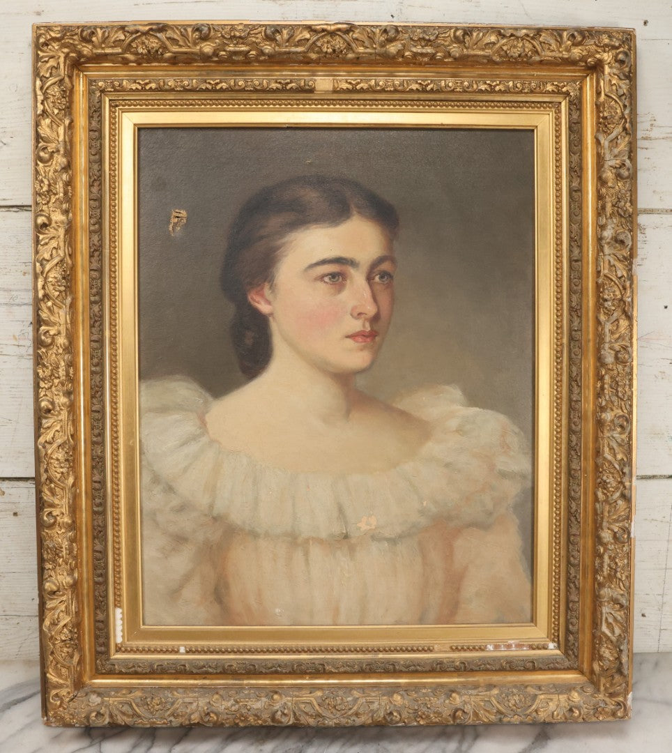 Lot 005 - Antique Late 19th Century Oil On Canvas Portrait Painting Of Pretty Young Brunette Woman In Ruffled Collar White Dress, Gilded Molded Gesso Frame, Paper Label From The Wallist Art Store, Bridgeport Connecticut, 23-5/8" x 27-3/4"