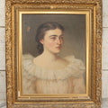 Lot 005 - Antique Late 19th Century Oil On Canvas Portrait Painting Of Pretty Young Brunette Woman In Ruffled Collar White Dress, Gilded Molded Gesso Frame, Paper Label From The Wallist Art Store, Bridgeport Connecticut, 23-5/8" x 27-3/4"