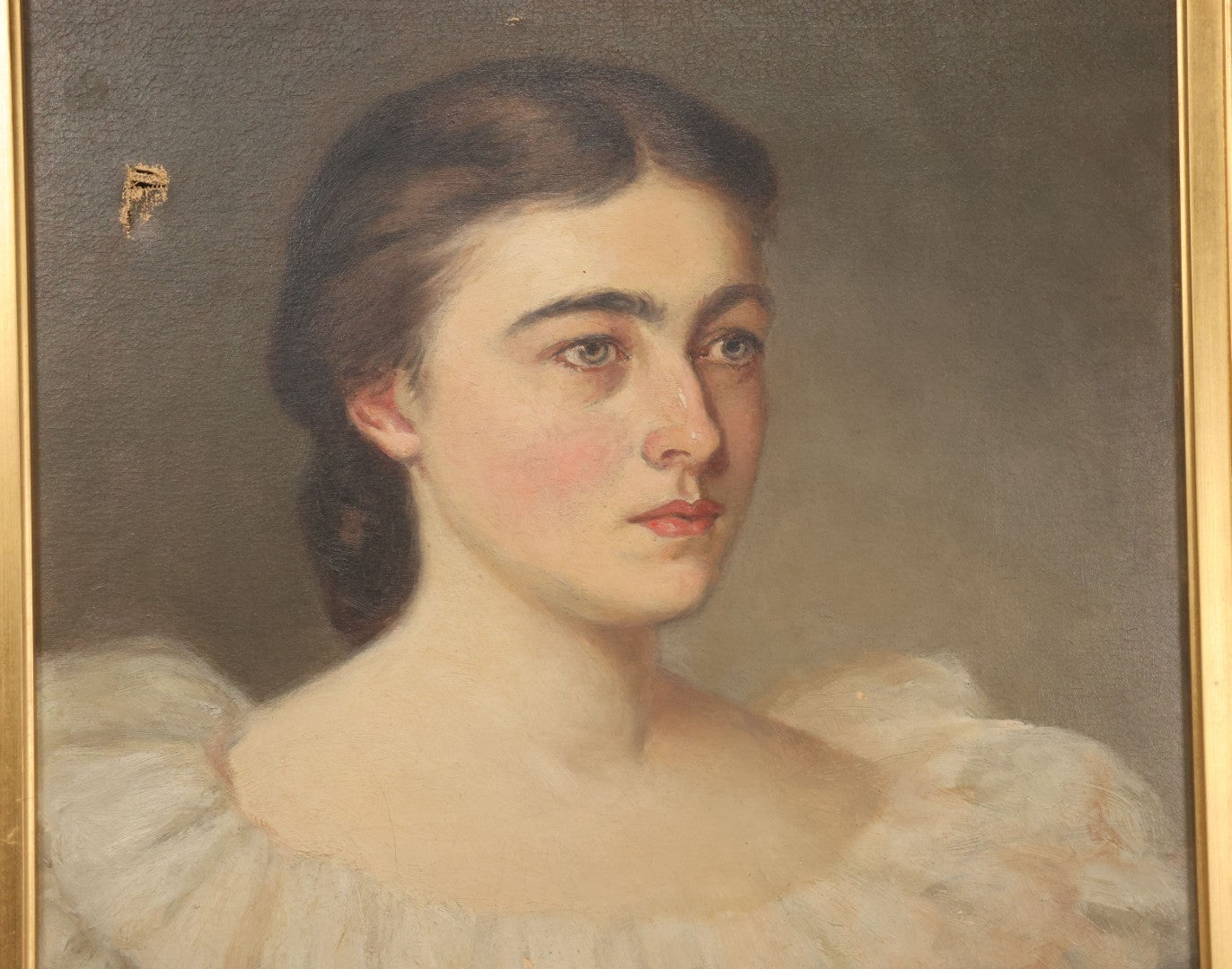 Lot 005 - Antique Late 19th Century Oil On Canvas Portrait Painting Of Pretty Young Brunette Woman In Ruffled Collar White Dress, Gilded Molded Gesso Frame, Paper Label From The Wallist Art Store, Bridgeport Connecticut, 23-5/8" x 27-3/4"