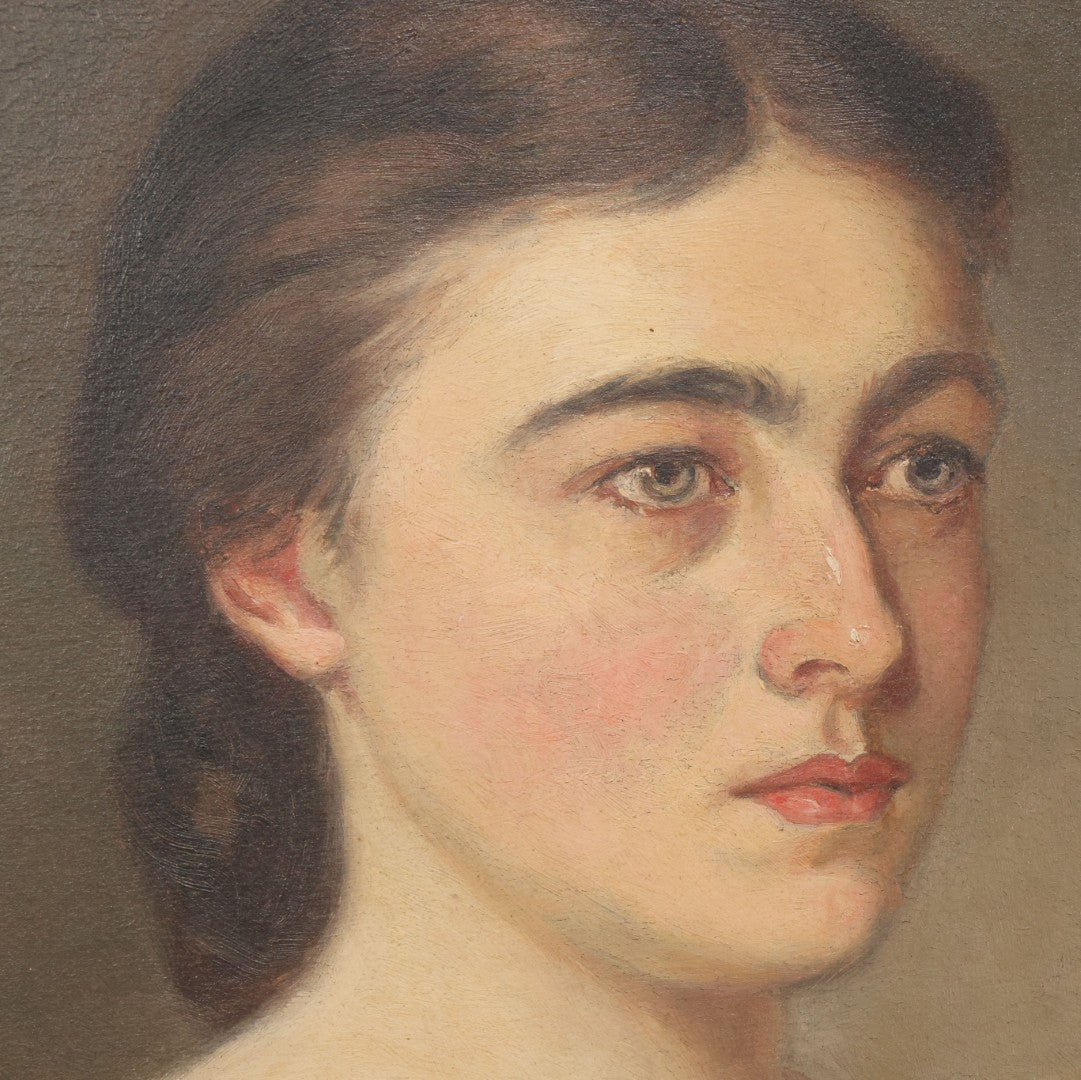 Lot 005 - Antique Late 19th Century Oil On Canvas Portrait Painting Of Pretty Young Brunette Woman In Ruffled Collar White Dress, Gilded Molded Gesso Frame, Paper Label From The Wallist Art Store, Bridgeport Connecticut, 23-5/8" x 27-3/4"