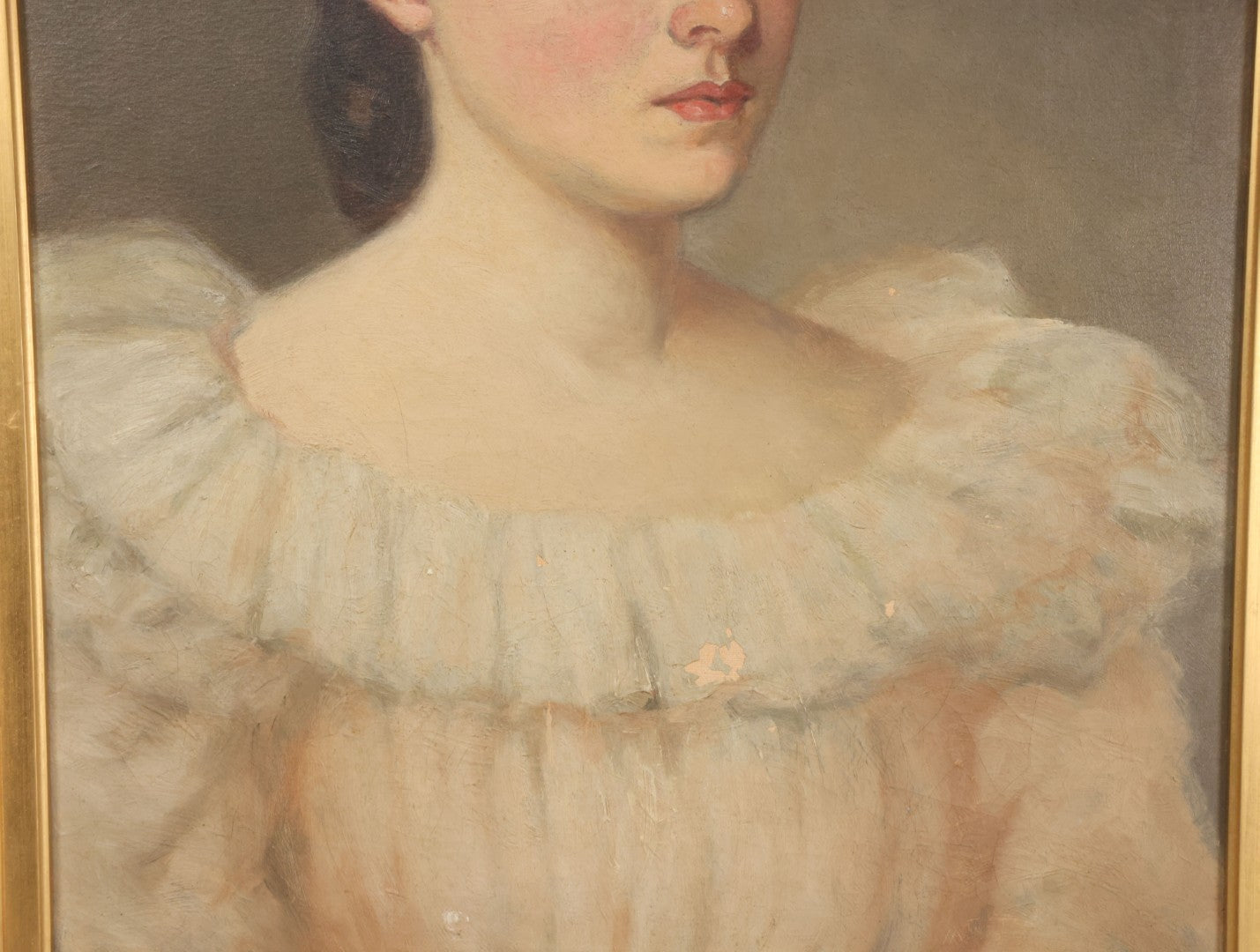 Lot 005 - Antique Late 19th Century Oil On Canvas Portrait Painting Of Pretty Young Brunette Woman In Ruffled Collar White Dress, Gilded Molded Gesso Frame, Paper Label From The Wallist Art Store, Bridgeport Connecticut, 23-5/8" x 27-3/4"