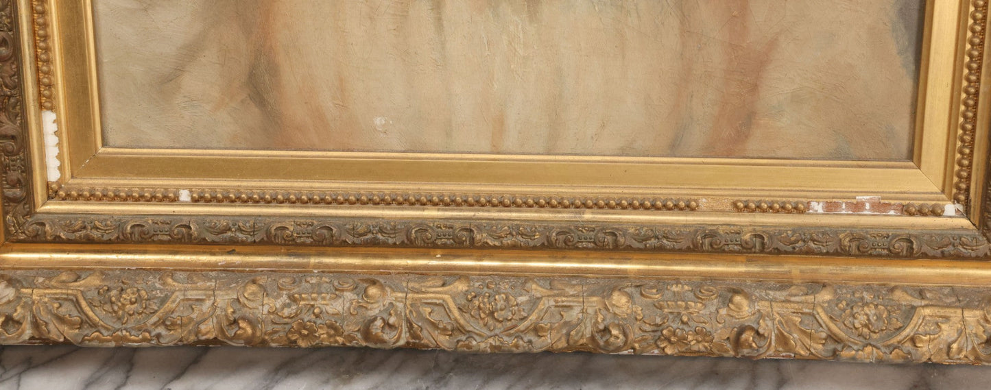 Lot 005 - Antique Late 19th Century Oil On Canvas Portrait Painting Of Pretty Young Brunette Woman In Ruffled Collar White Dress, Gilded Molded Gesso Frame, Paper Label From The Wallist Art Store, Bridgeport Connecticut, 23-5/8" x 27-3/4"