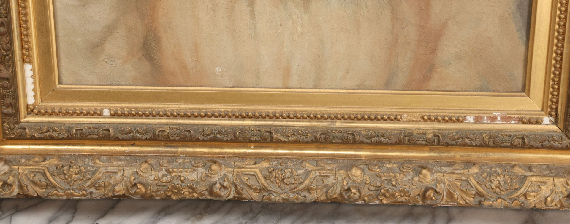 Lot 005 - Antique Late 19th Century Oil On Canvas Portrait Painting Of Pretty Young Brunette Woman In Ruffled Collar White Dress, Gilded Molded Gesso Frame, Paper Label From The Wallist Art Store, Bridgeport Connecticut, 23-5/8" x 27-3/4"