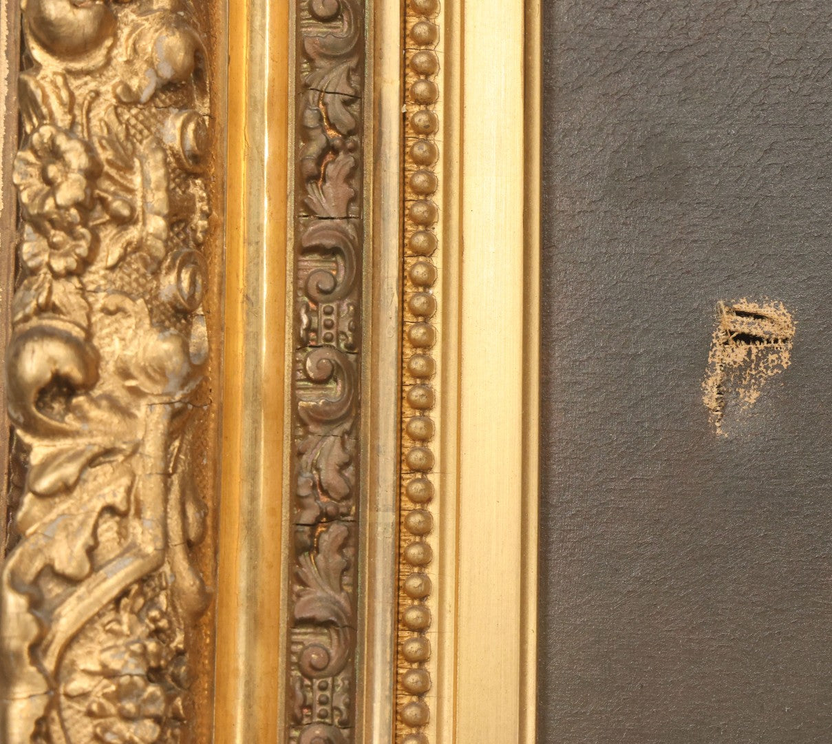 Lot 005 - Antique Late 19th Century Oil On Canvas Portrait Painting Of Pretty Young Brunette Woman In Ruffled Collar White Dress, Gilded Molded Gesso Frame, Paper Label From The Wallist Art Store, Bridgeport Connecticut, 23-5/8" x 27-3/4"