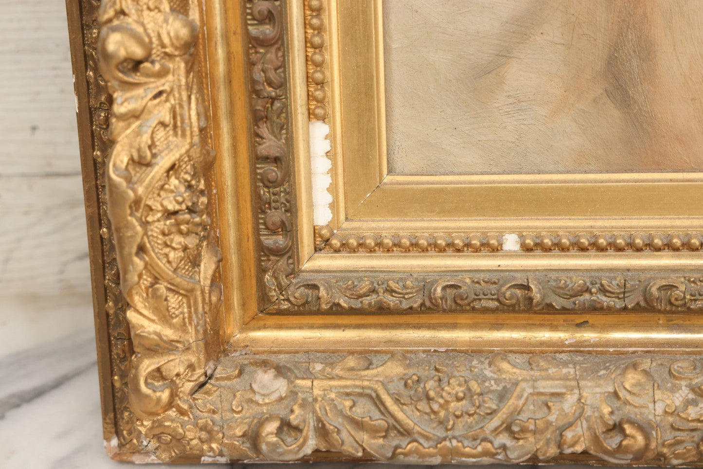 Lot 005 - Antique Late 19th Century Oil On Canvas Portrait Painting Of Pretty Young Brunette Woman In Ruffled Collar White Dress, Gilded Molded Gesso Frame, Paper Label From The Wallist Art Store, Bridgeport Connecticut, 23-5/8" x 27-3/4"