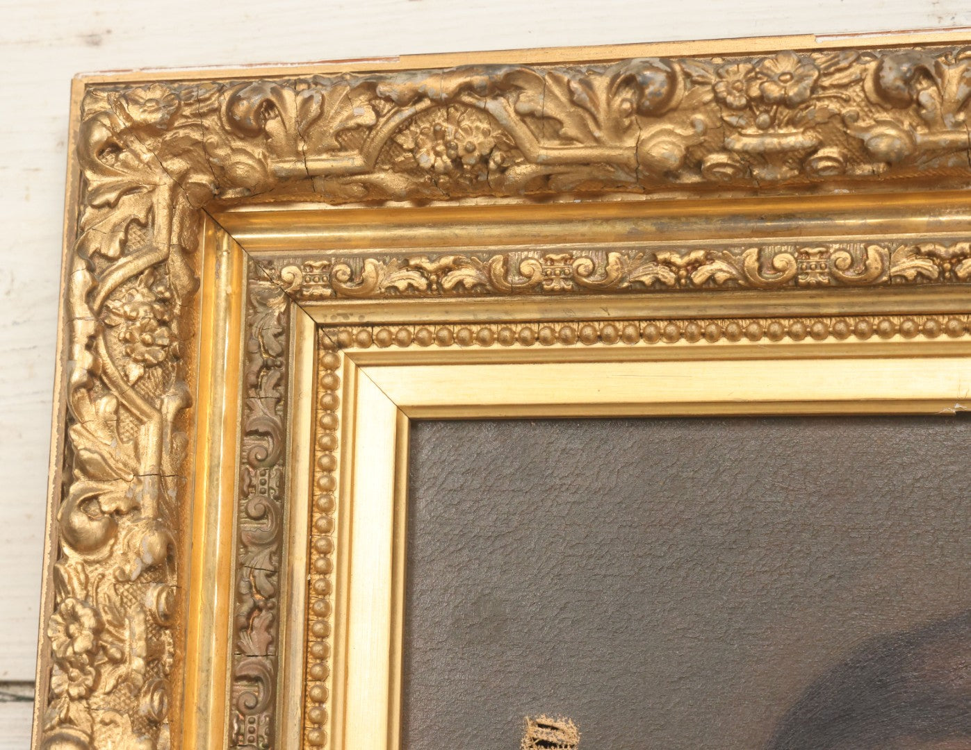 Lot 005 - Antique Late 19th Century Oil On Canvas Portrait Painting Of Pretty Young Brunette Woman In Ruffled Collar White Dress, Gilded Molded Gesso Frame, Paper Label From The Wallist Art Store, Bridgeport Connecticut, 23-5/8" x 27-3/4"