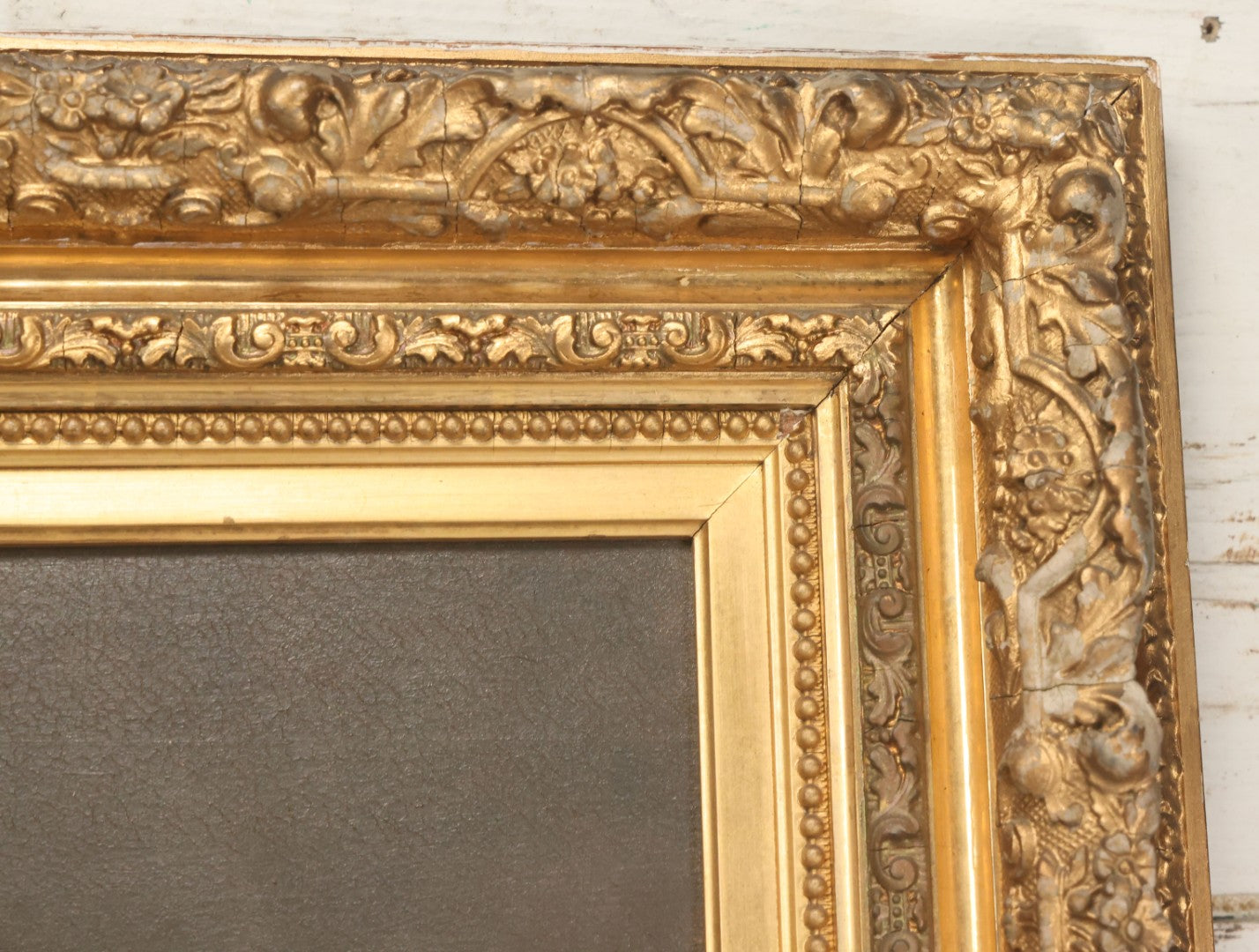 Lot 005 - Antique Late 19th Century Oil On Canvas Portrait Painting Of Pretty Young Brunette Woman In Ruffled Collar White Dress, Gilded Molded Gesso Frame, Paper Label From The Wallist Art Store, Bridgeport Connecticut, 23-5/8" x 27-3/4"