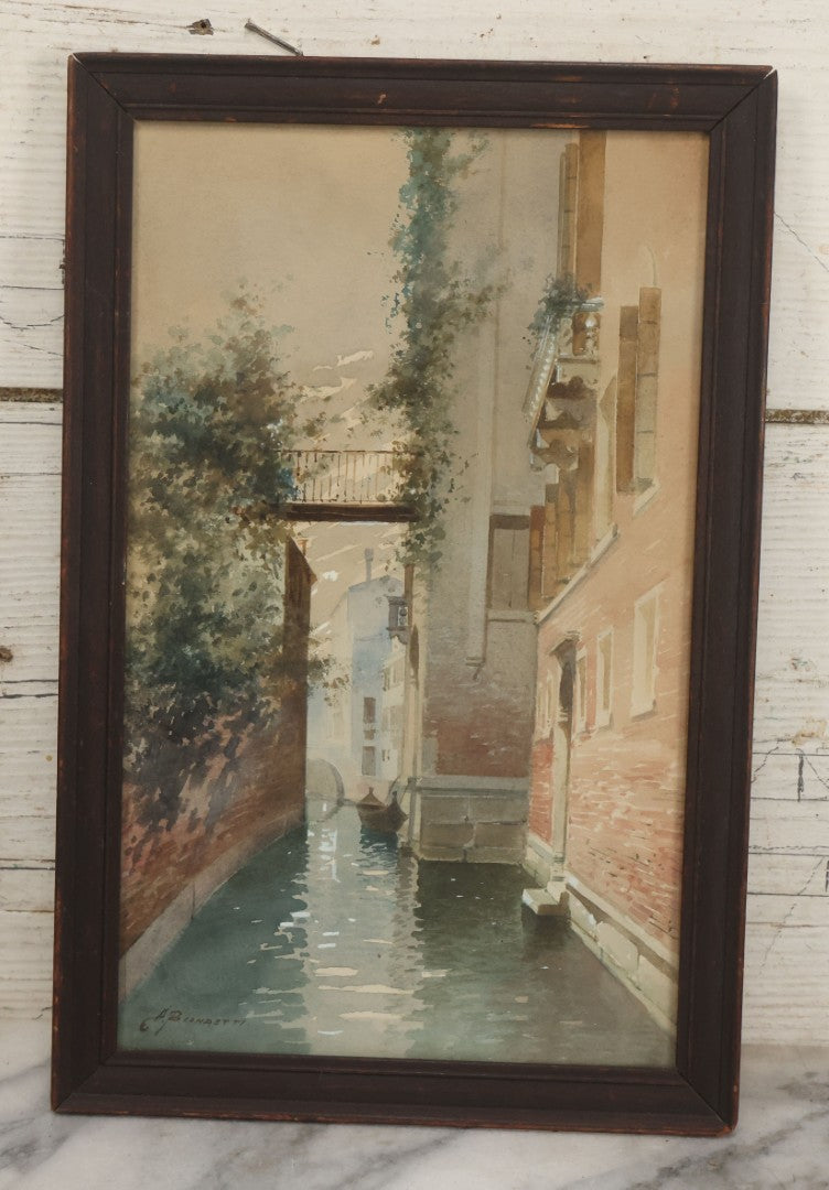 Lot 008 - Antique Watercolor Painting Of A Venetian Canal, Artist Signed, Andrea Biondetti (Italy, 1851-1946), In Frame, Paper Label On Verso From The Pohlson Galleries, Pawtucket, Rhode Island, 8-1/2" x 13"