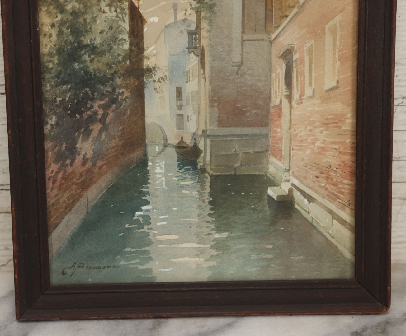 Lot 008 - Antique Watercolor Painting Of A Venetian Canal, Artist Signed, Andrea Biondetti (Italy, 1851-1946), In Frame, Paper Label On Verso From The Pohlson Galleries, Pawtucket, Rhode Island, 8-1/2" x 13"
