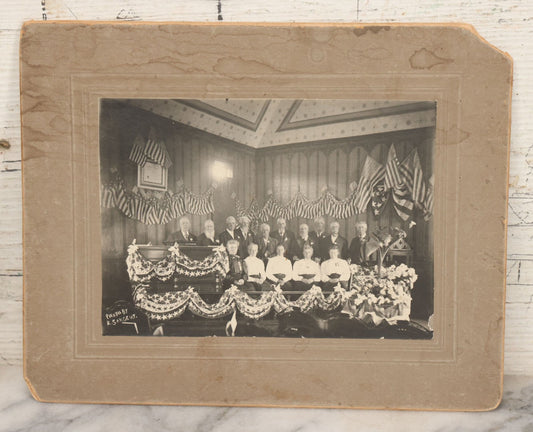 Lot 136 - Antique Boarded Photograph Of Elderly Men And Women At Patriotic Celebration, Likely A Civil War Reunion, Photographed By R. Sargent, Note On Verso States "Think This Is Me"