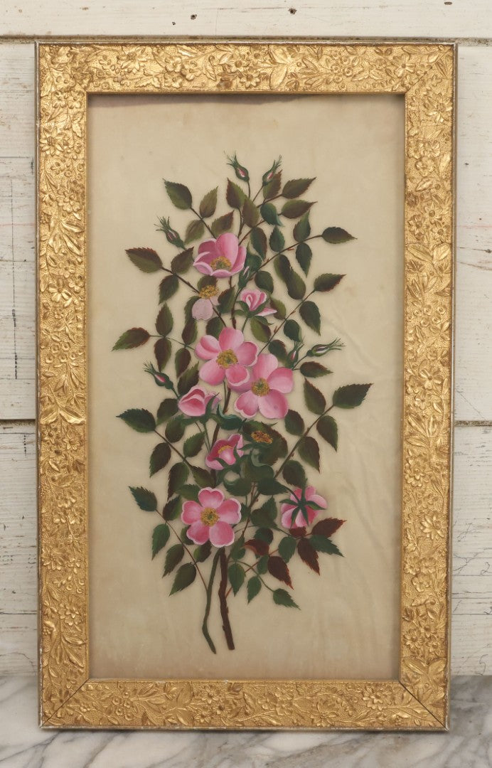 Lot 009 - Antique Folk Art Painting On Frosted Glass Of Pink Rosa Rugosa Beach Rose Flowers, In Ornate Gilded Molded Gesso Frame, Original Nails On Verso, 12-1/4" x 20-1/4"