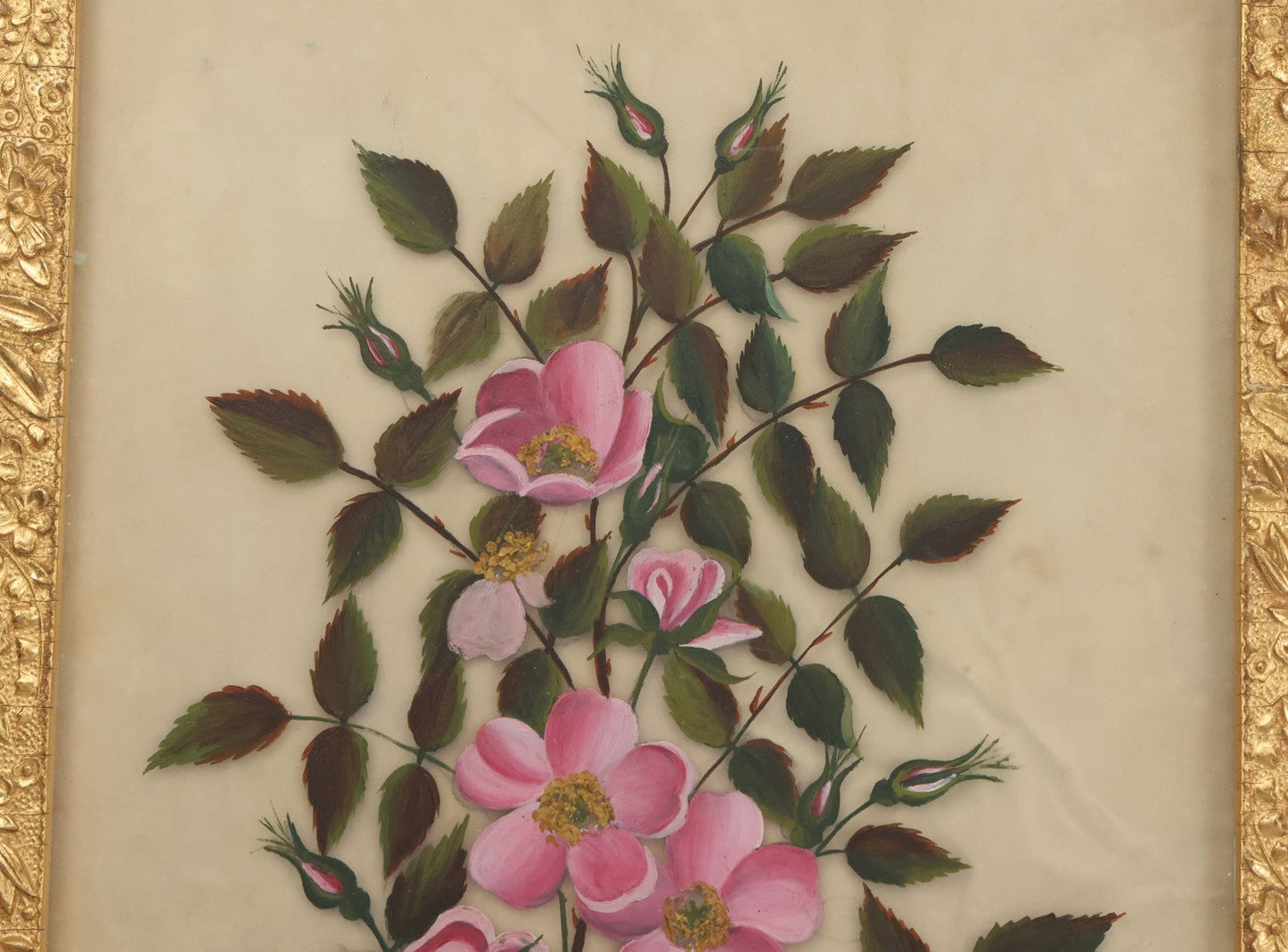 Lot 009 - Antique Folk Art Painting On Frosted Glass Of Pink Rosa Rugosa Beach Rose Flowers, In Ornate Gilded Molded Gesso Frame, Original Nails On Verso, 12-1/4" x 20-1/4"