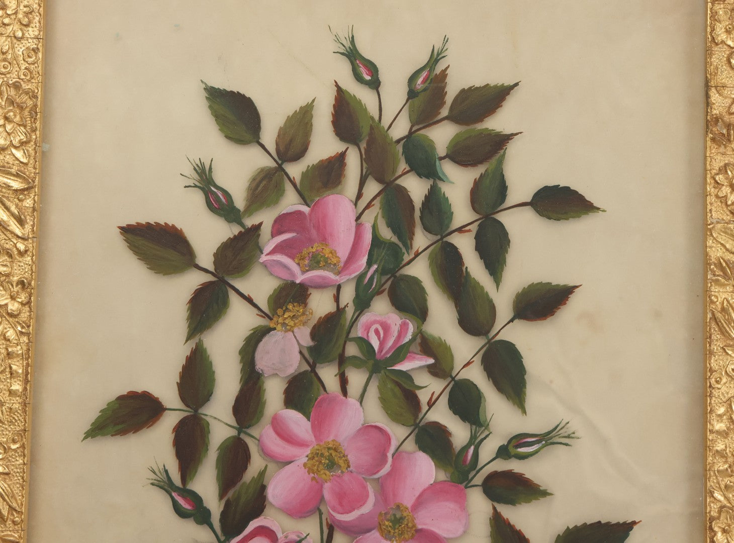 Lot 009 - Antique Folk Art Painting On Frosted Glass Of Pink Rosa Rugosa Beach Rose Flowers, In Ornate Gilded Molded Gesso Frame, Original Nails On Verso, 12-1/4" x 20-1/4"