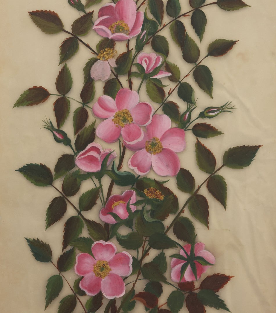 Lot 009 - Antique Folk Art Painting On Frosted Glass Of Pink Rosa Rugosa Beach Rose Flowers, In Ornate Gilded Molded Gesso Frame, Original Nails On Verso, 12-1/4" x 20-1/4"