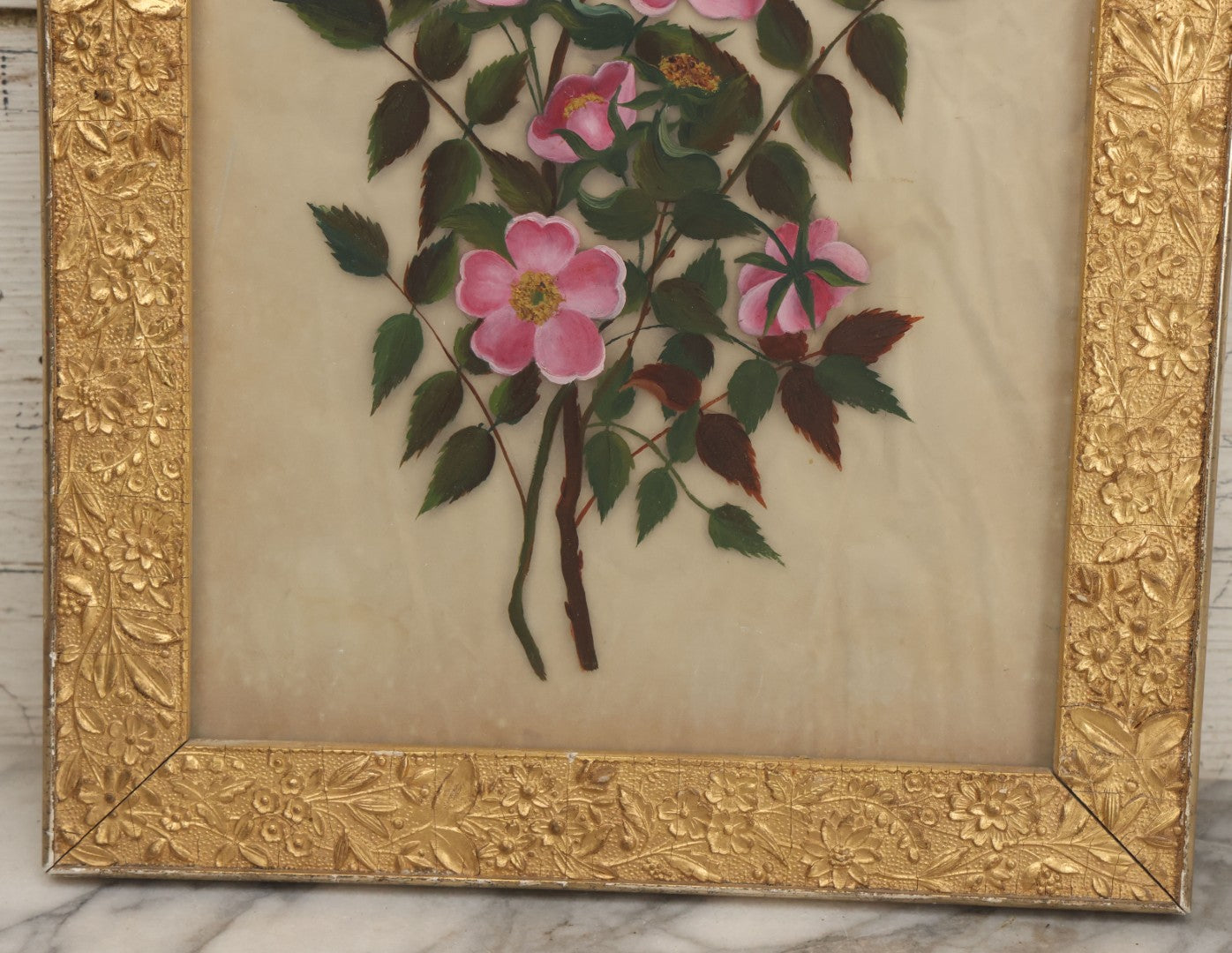 Lot 009 - Antique Folk Art Painting On Frosted Glass Of Pink Rosa Rugosa Beach Rose Flowers, In Ornate Gilded Molded Gesso Frame, Original Nails On Verso, 12-1/4" x 20-1/4"
