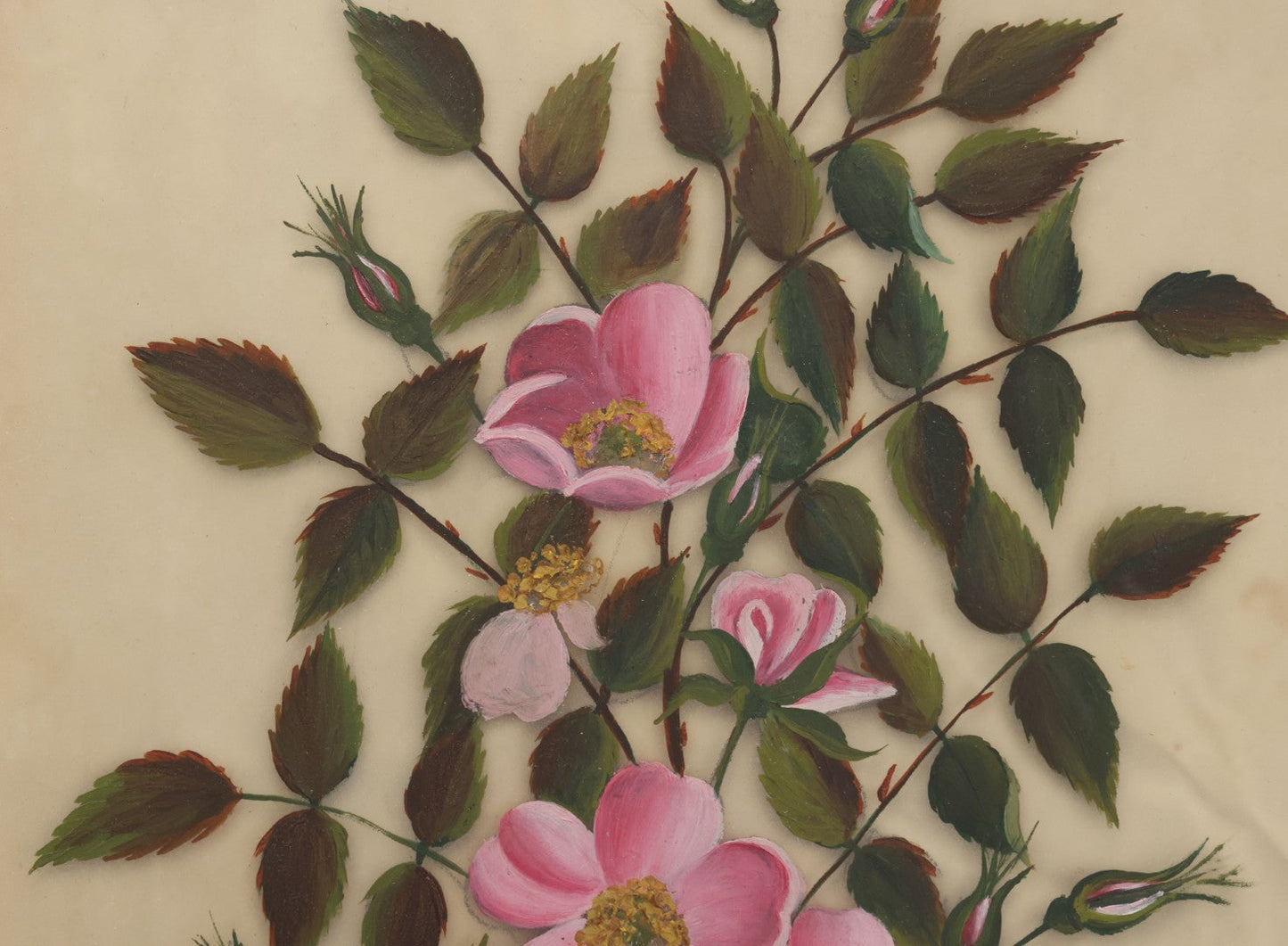 Lot 009 - Antique Folk Art Painting On Frosted Glass Of Pink Rosa Rugosa Beach Rose Flowers, In Ornate Gilded Molded Gesso Frame, Original Nails On Verso, 12-1/4" x 20-1/4"