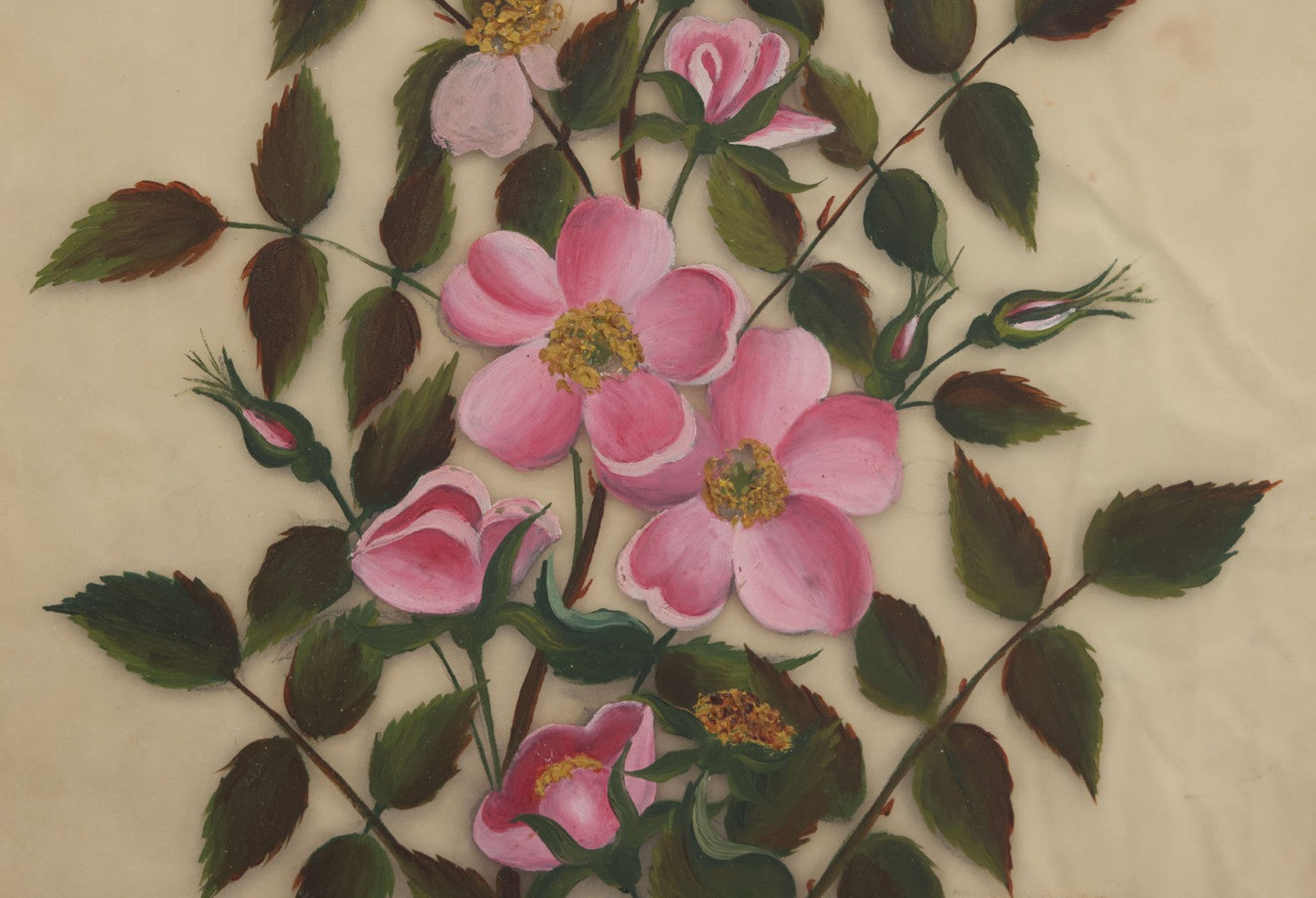 Lot 009 - Antique Folk Art Painting On Frosted Glass Of Pink Rosa Rugosa Beach Rose Flowers, In Ornate Gilded Molded Gesso Frame, Original Nails On Verso, 12-1/4" x 20-1/4"
